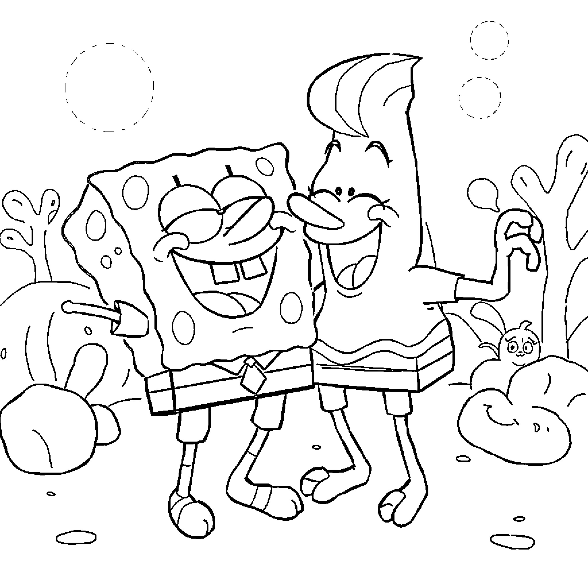 Spongebob having a cheerful outdoor adventure Coloring Page (free black-and-white line drawing printable PDF for all, from beginners to advanced learners, including children, teens, adults, and seniors)