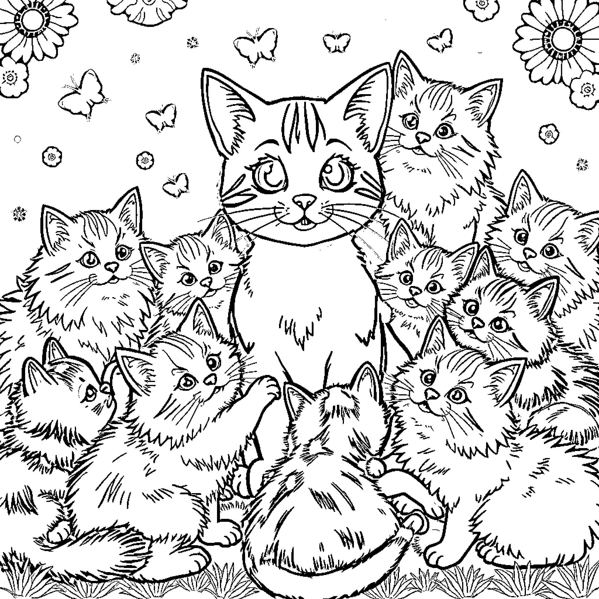 Gabby and her feline friends in a whimsical scene Coloring Page (free black-and-white line drawing printable PDF for all, from beginners to advanced learners, including children, teens, adults, and seniors)