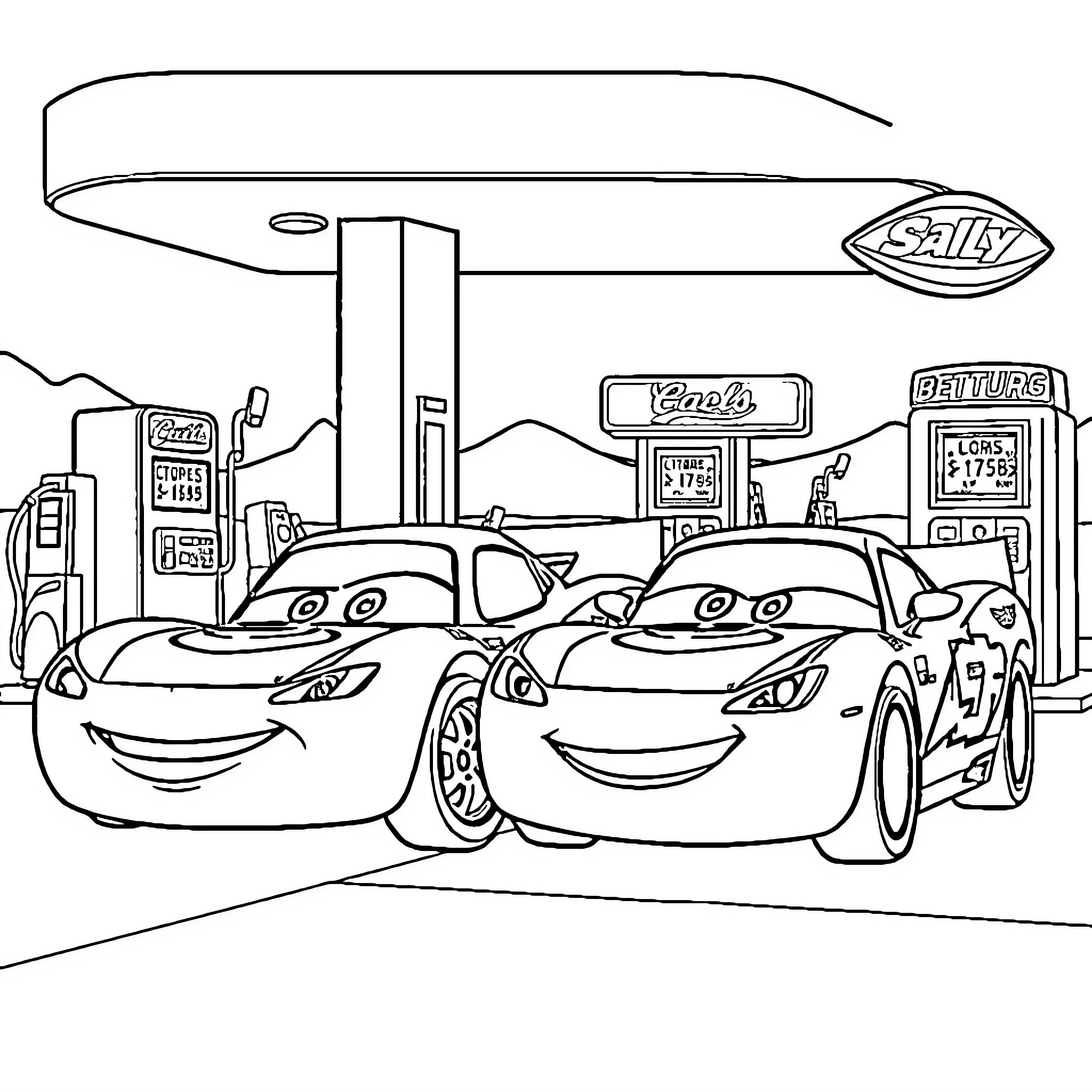 Lighting McQueen and friends refuel at the gas station Coloring Page (free black-and-white line drawing printable PDF for all, from beginners to advanced learners, including children, teens, adults, and seniors)