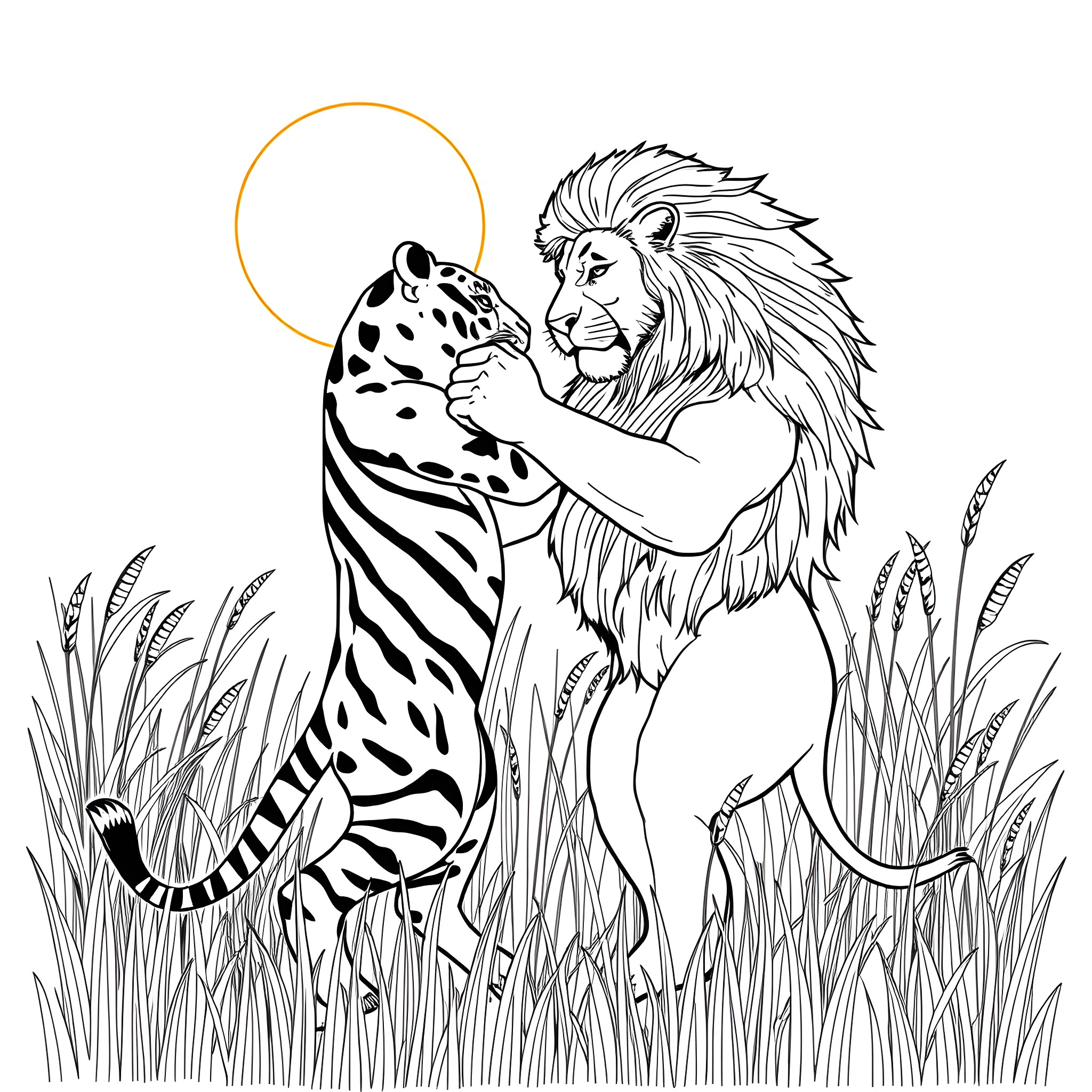Tiger interacting with a wild leopard in the grasslands Coloring Page (free black-and-white line drawing printable PDF for all, from beginners to advanced learners, including children, teens, adults, and seniors)