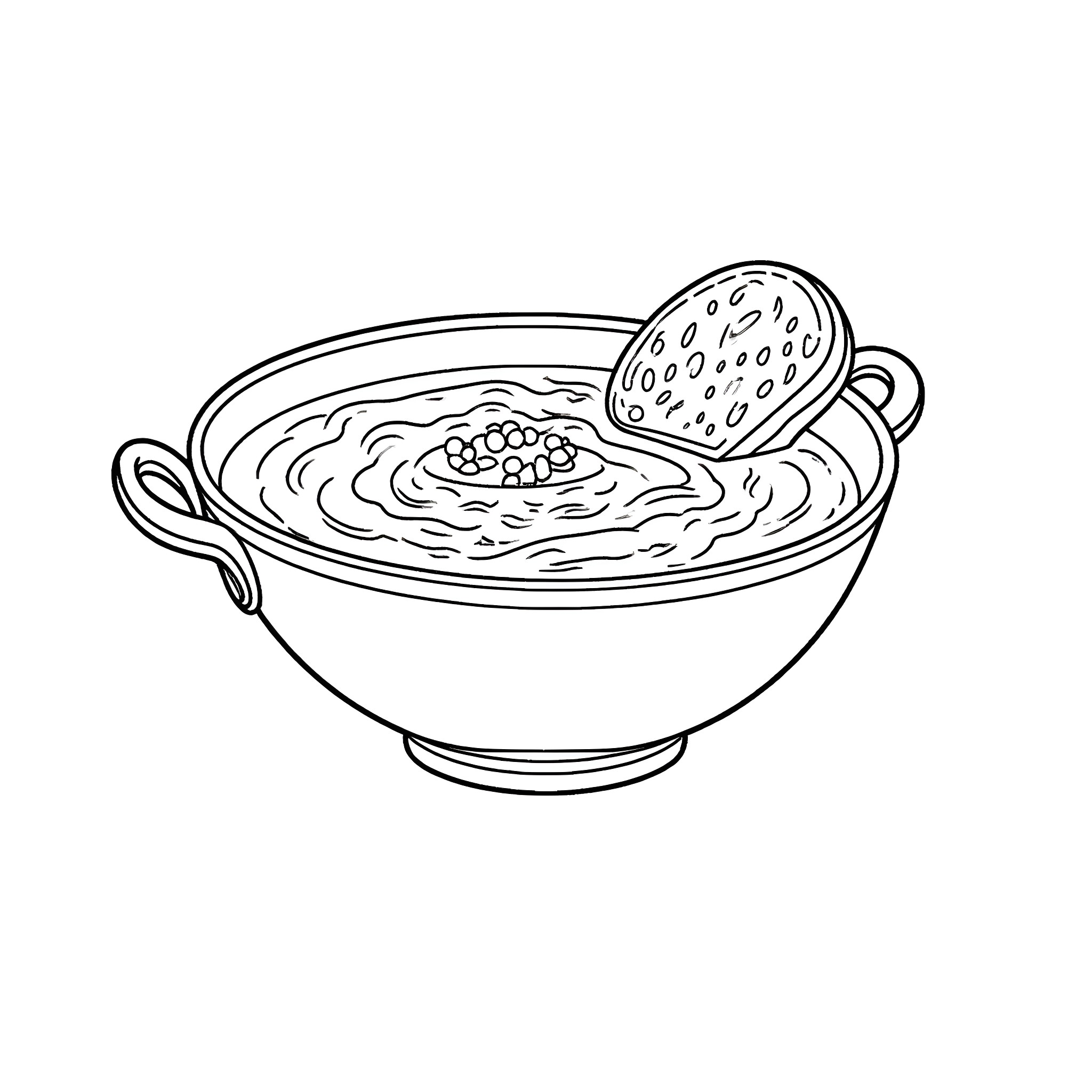 Soup with Ladle and Vegetables Coloring Page (free black-and-white line drawing printable PDF for all, from beginners to advanced learners, including children, teens, adults, and seniors)