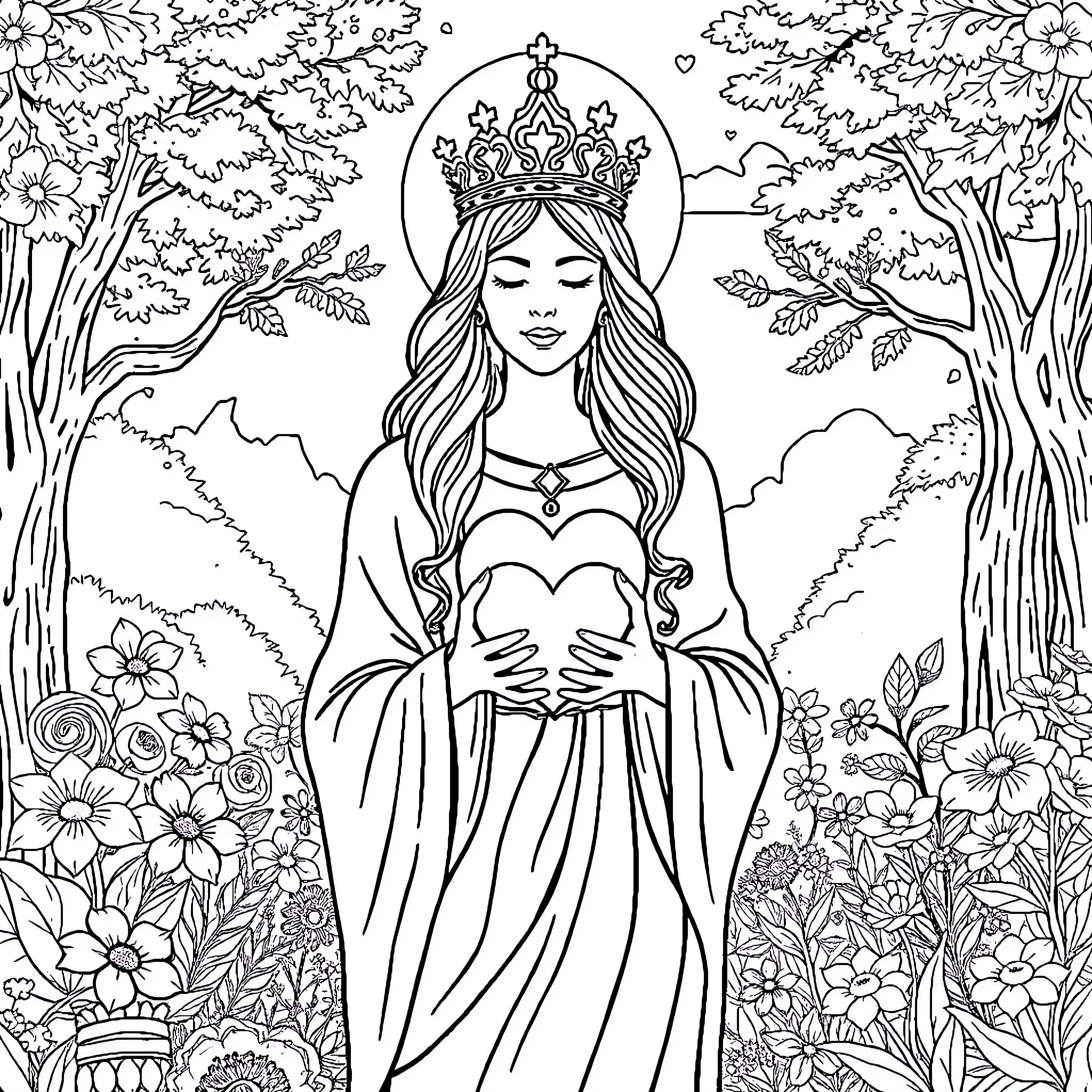 Mother Nature as a serene and majestic figure in the forest Coloring Page (free black-and-white line drawing printable PDF for all, from beginners to advanced learners, including children, teens, adults, and seniors)
