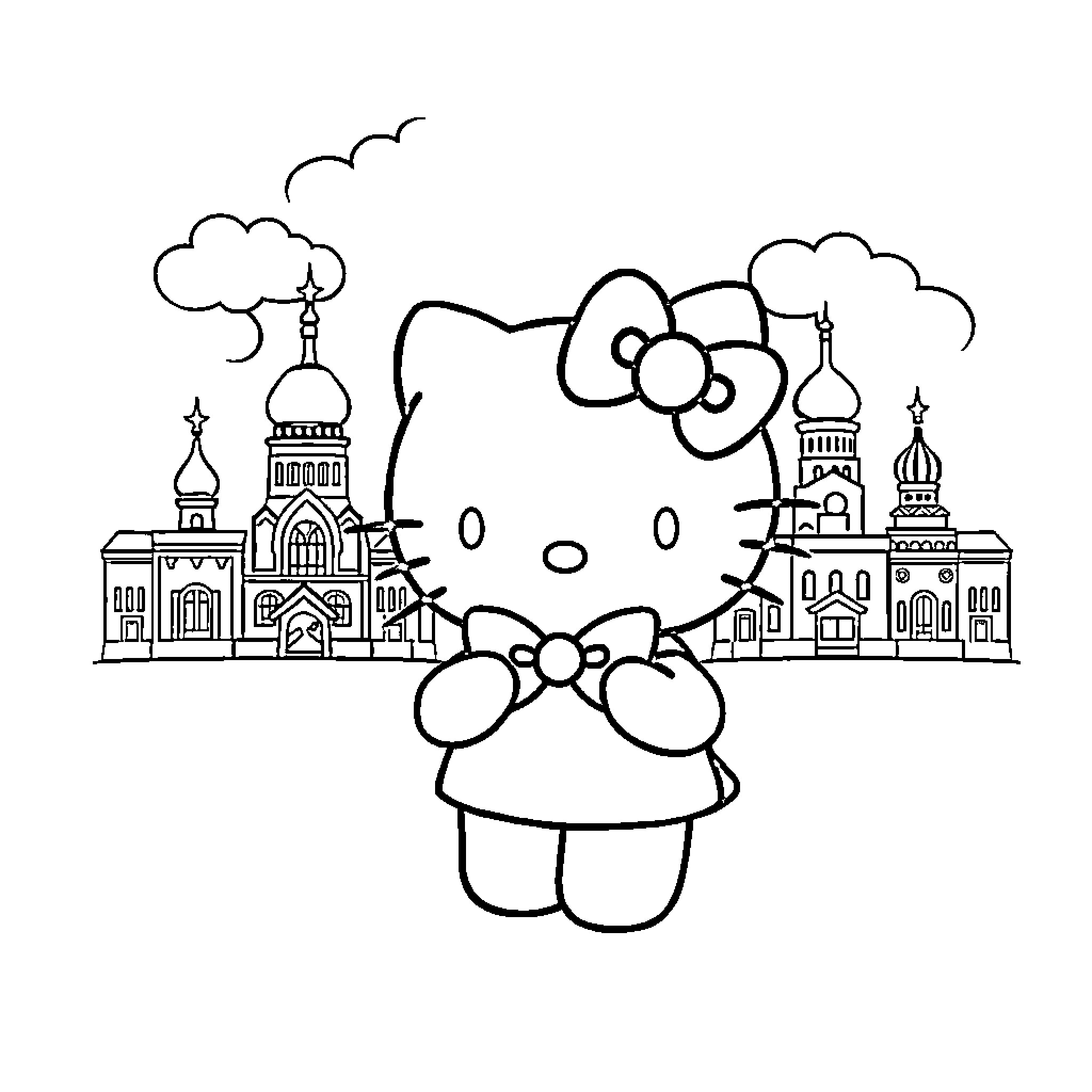 Hello Kitty exploring a whimsical cityscape Coloring Page (free black-and-white line drawing printable PDF for all, from beginners to advanced learners, including children, teens, adults, and seniors)