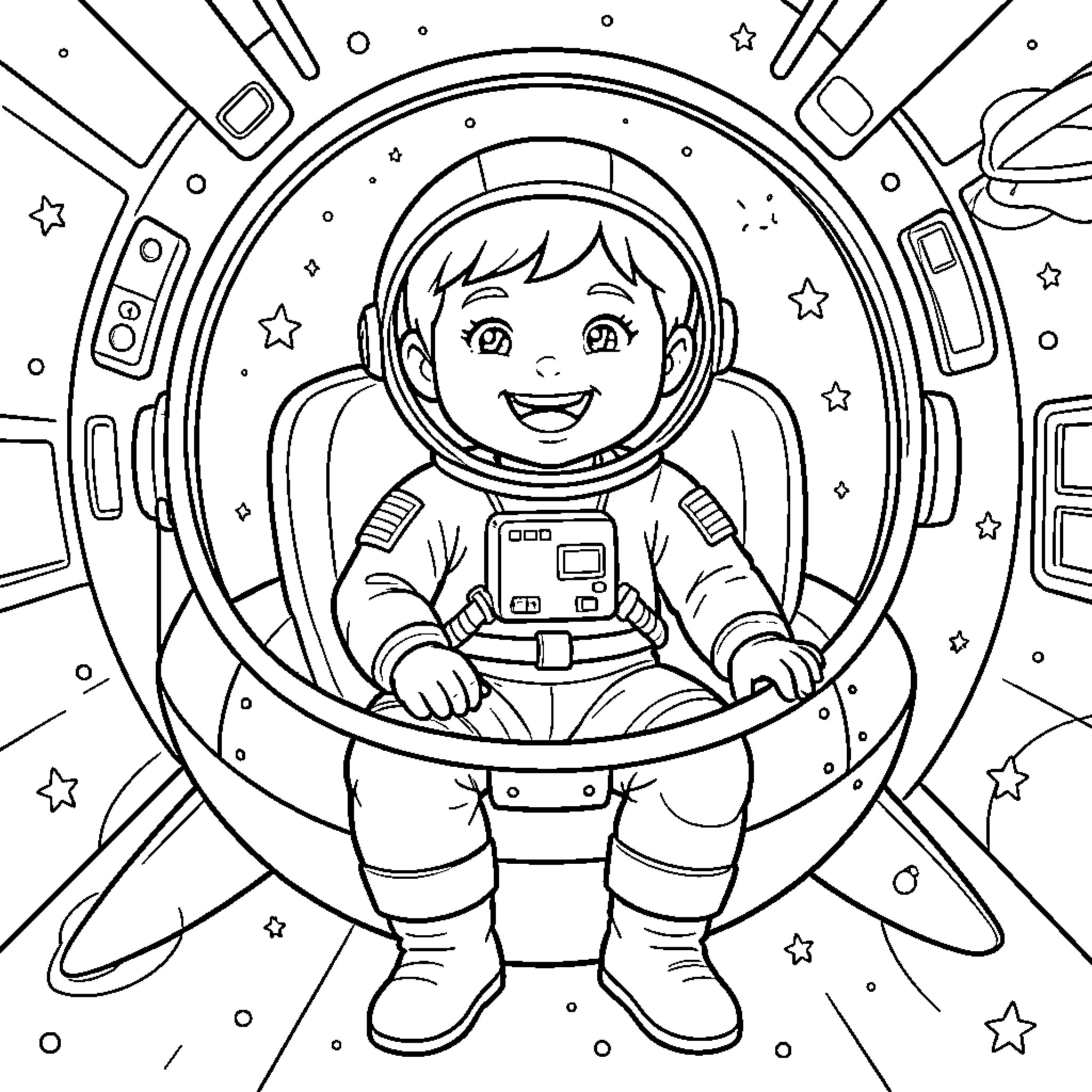 Astronaut smiling inside a spacecraft cockpit Coloring Page (free black-and-white line drawing printable PDF for all, from beginners to advanced learners, including children, teens, adults, and seniors)