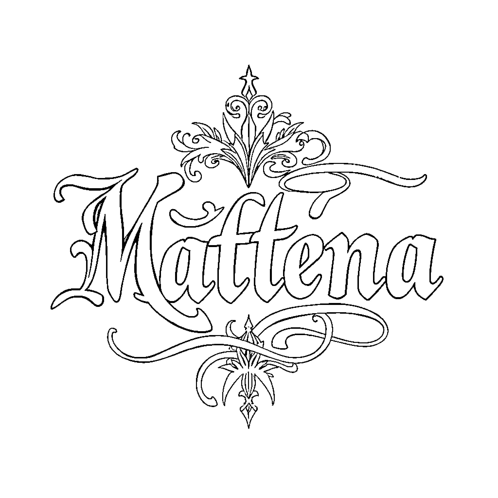 Tattoo of ornate text featuring the name Mattiena Coloring Page (free black-and-white line drawing printable PDF for all, from beginners to advanced learners, including children, teens, adults, and seniors)