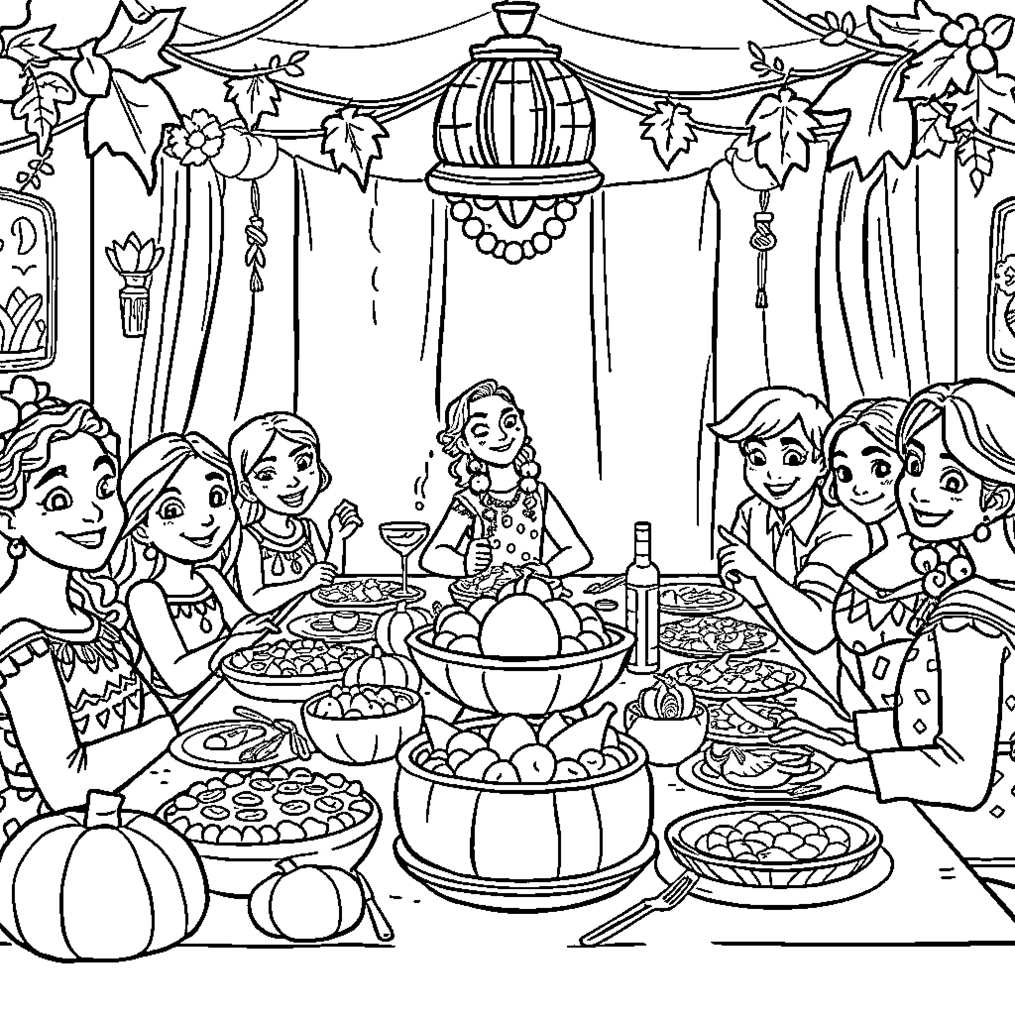 Moana and family celebrating a festive occasion Coloring Page (free black-and-white line drawing printable PDF for all, from beginners to advanced learners, including children, teens, adults, and seniors)