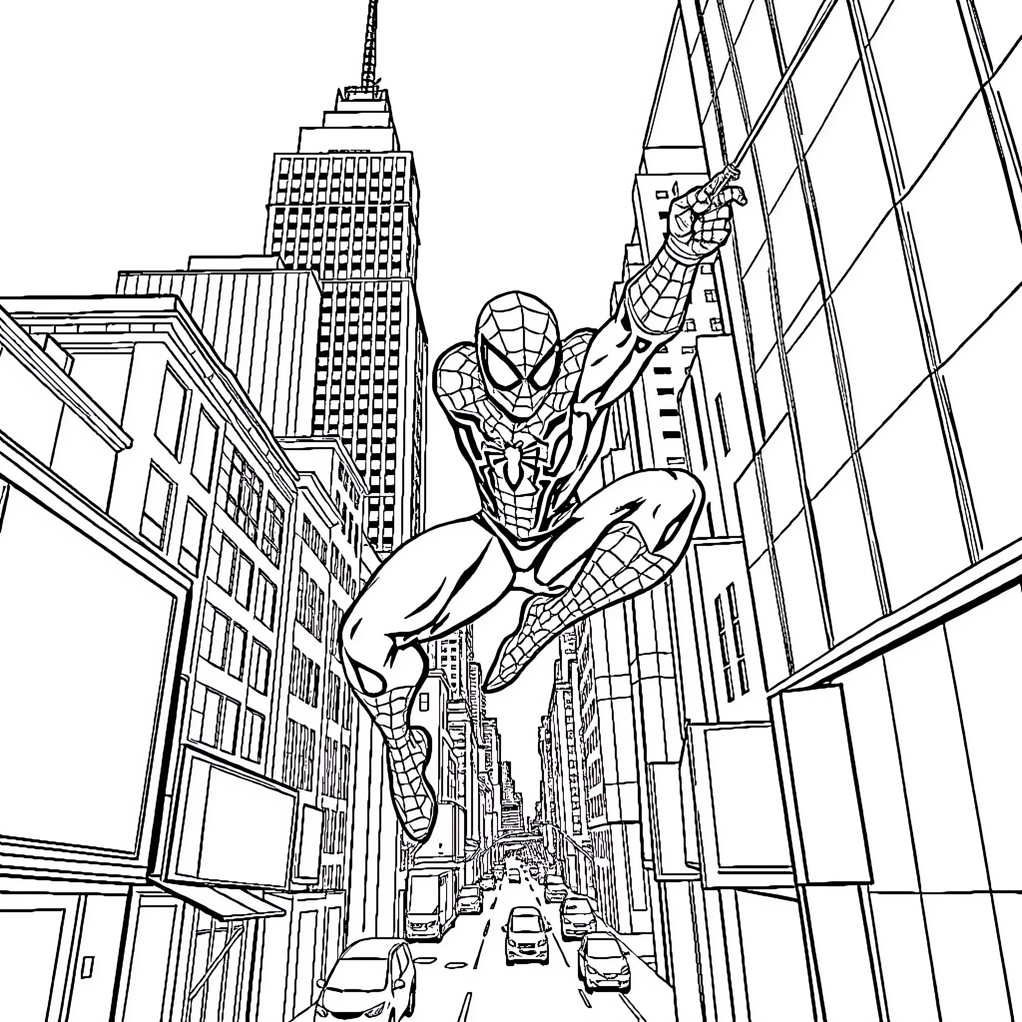 Spiderman swinging through the city skyline Coloring Page (free black-and-white line drawing printable PDF for all, from beginners to advanced learners, including children, teens, adults, and seniors)