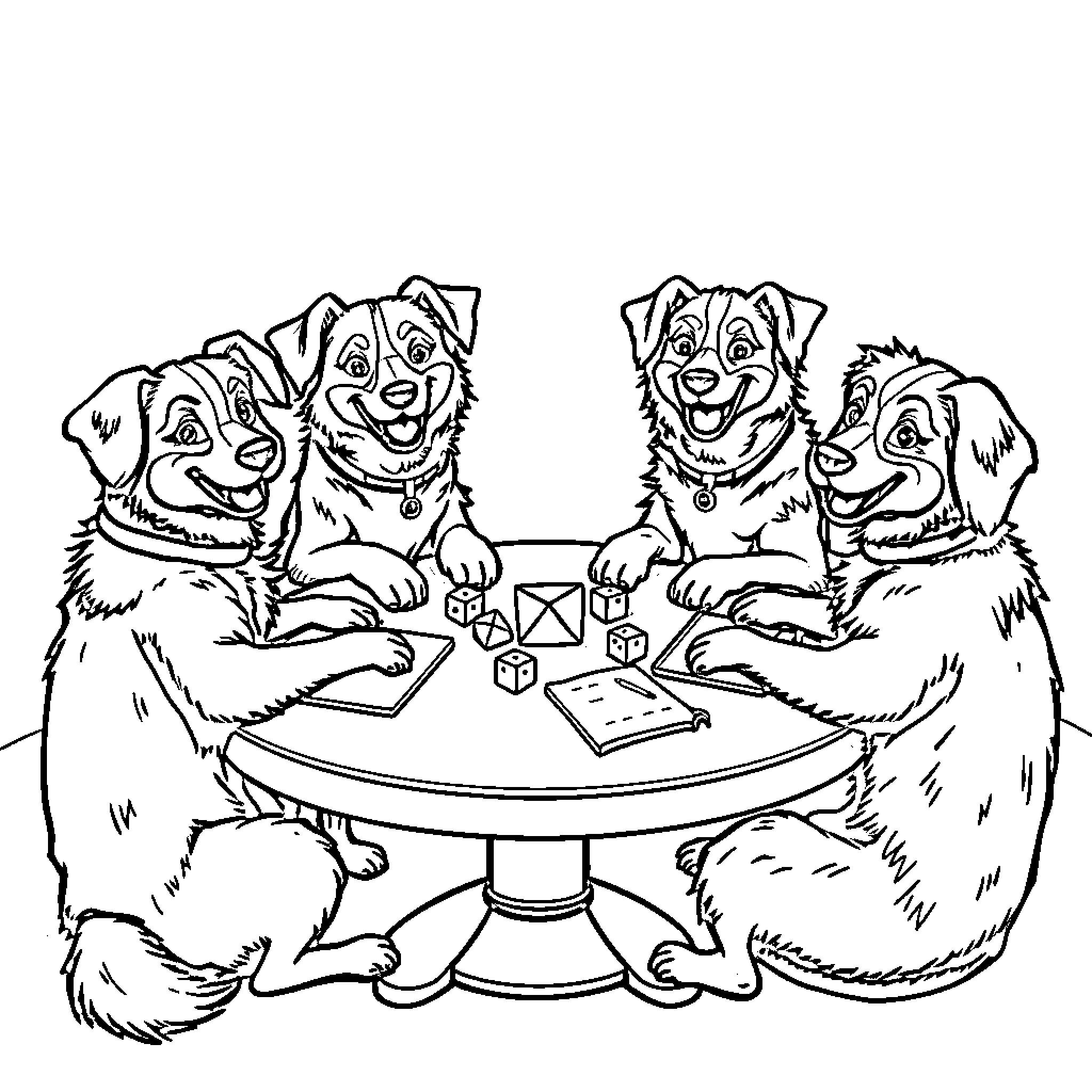 Dog friends playing with toys on a table Coloring Page (free black-and-white line drawing printable PDF for all, from beginners to advanced learners, including children, teens, adults, and seniors)
