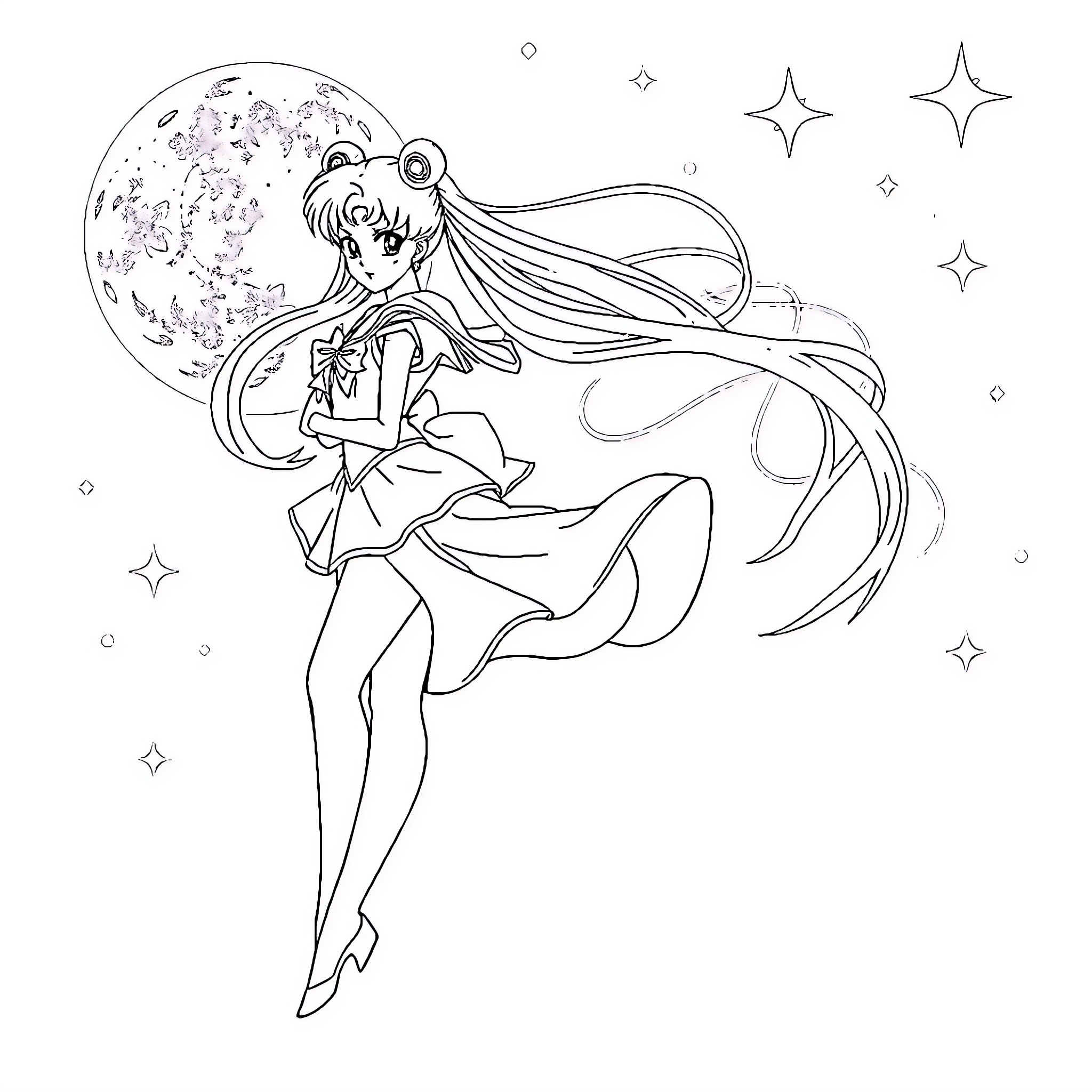 Sailor Moon dancing under the starry night Coloring Page (free black-and-white line drawing printable PDF for all, from beginners to advanced learners, including children, teens, adults, and seniors)