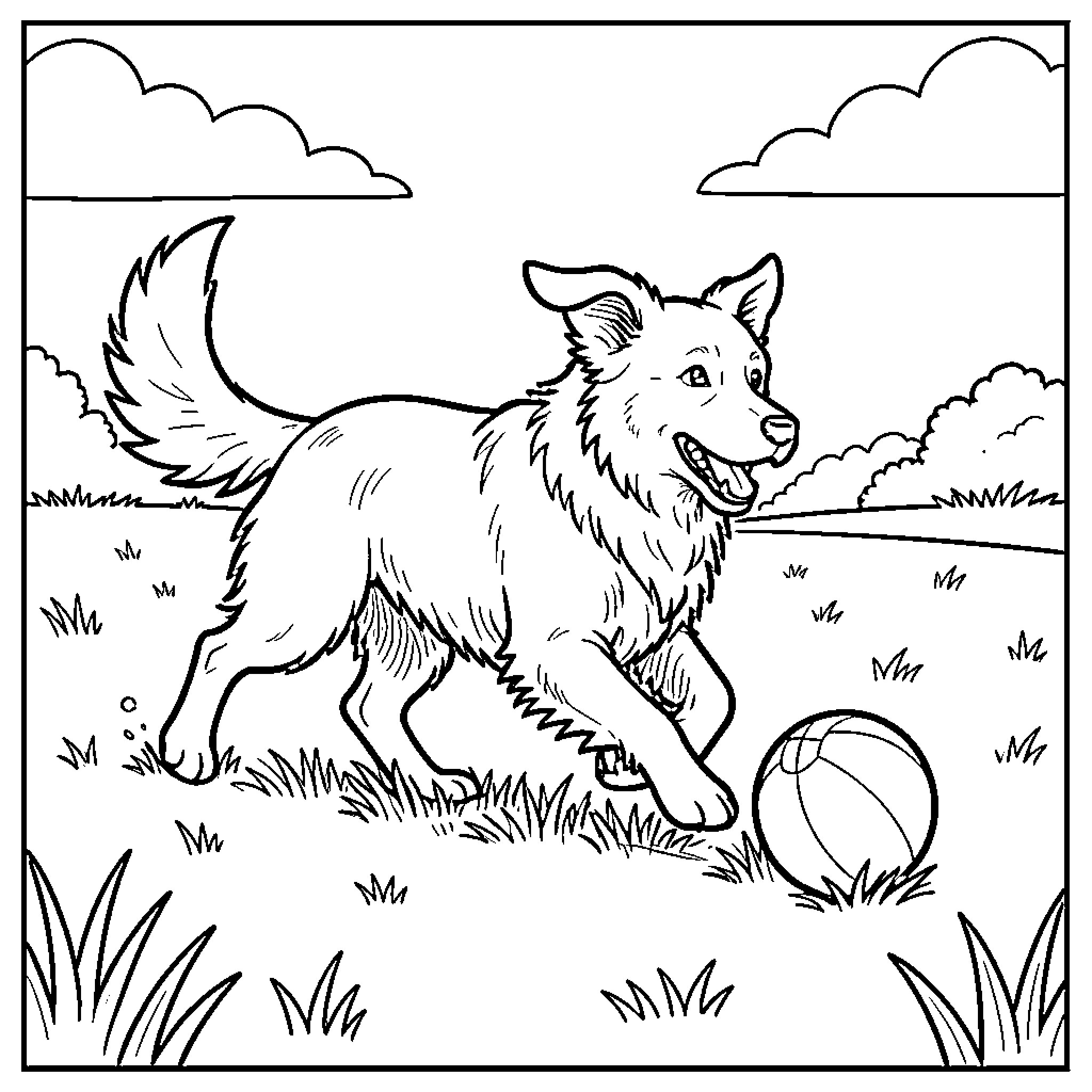 Dog running playfully towards a ball in the field Coloring Page (free black-and-white line drawing printable PDF for all, from beginners to advanced learners, including children, teens, adults, and seniors)
