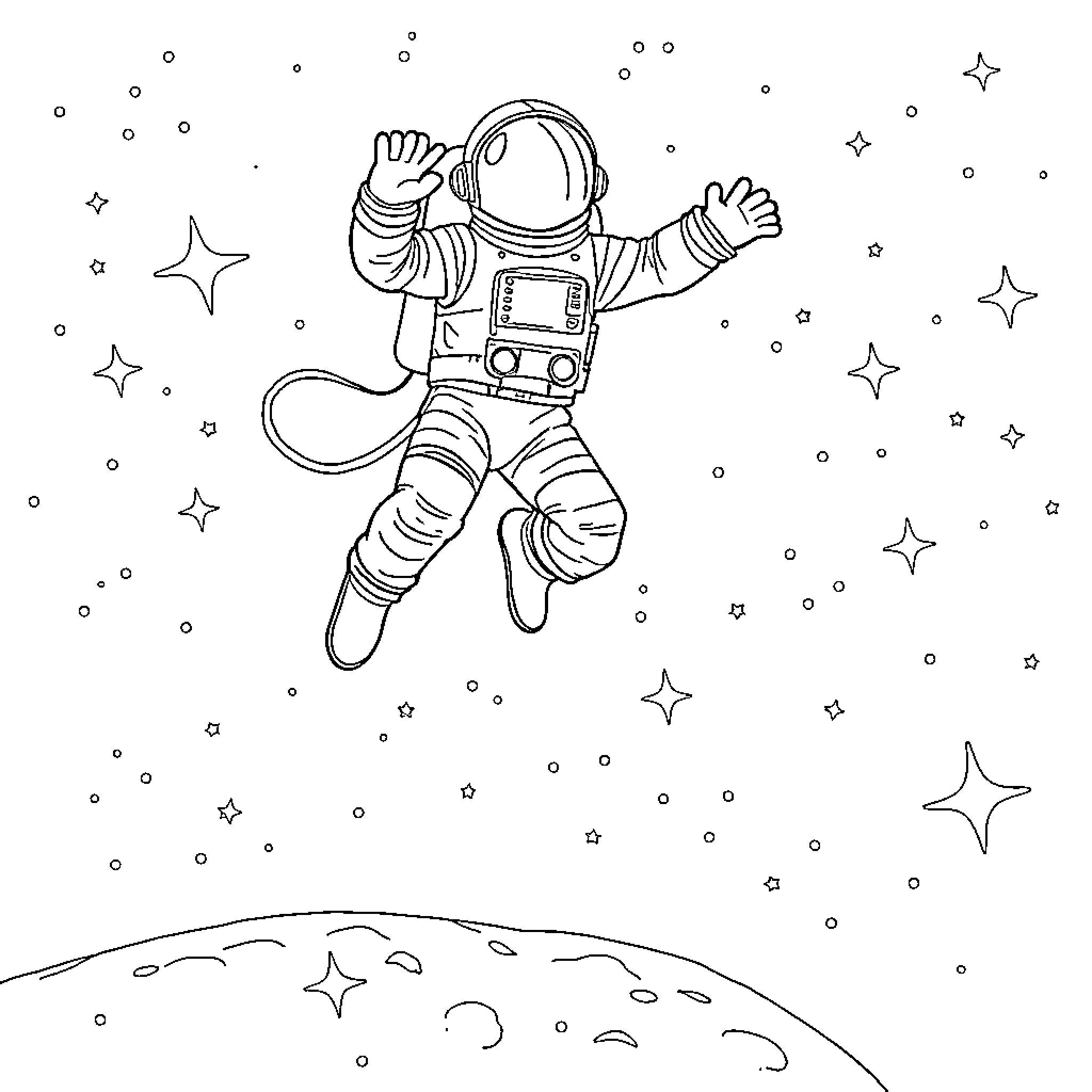 Astronaut floating in the starry space Coloring Page (free black-and-white line drawing printable PDF for all, from beginners to advanced learners, including children, teens, adults, and seniors)