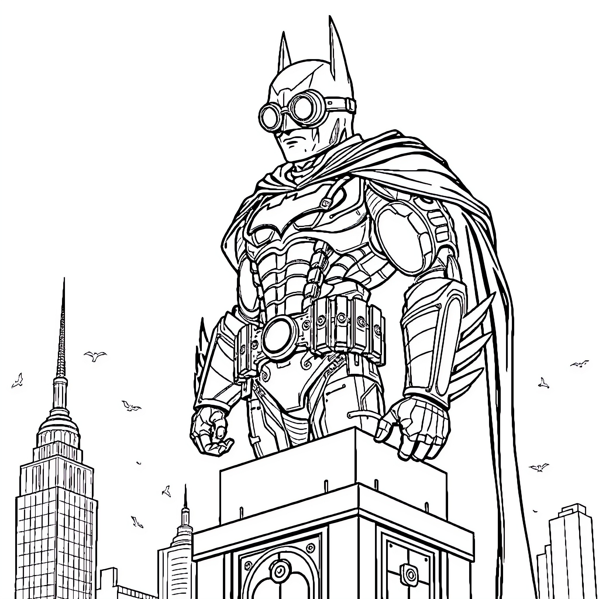 Steampunk Batman Surveys Cityscape from Skyscraper Rooftop Coloring Page (free black-and-white line drawing printable PDF for all, from beginners to advanced learners, including children, teens, adults, and seniors)
