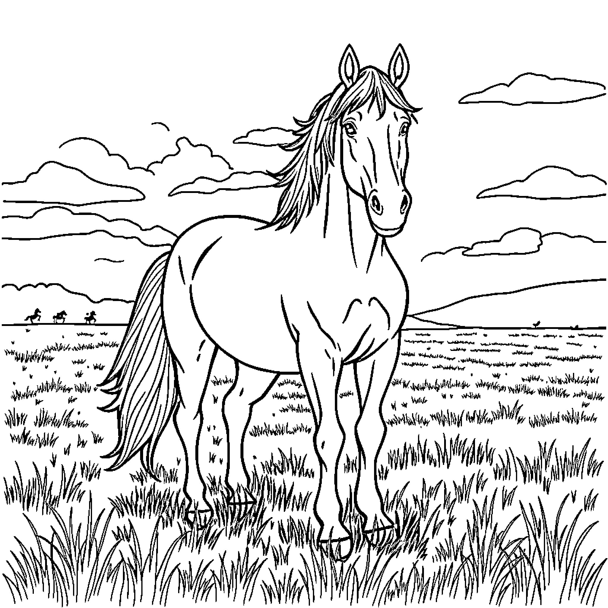 Horse standing majestically in a grassy field Coloring Page (free black-and-white line drawing printable PDF for all, from beginners to advanced learners, including children, teens, adults, and seniors)