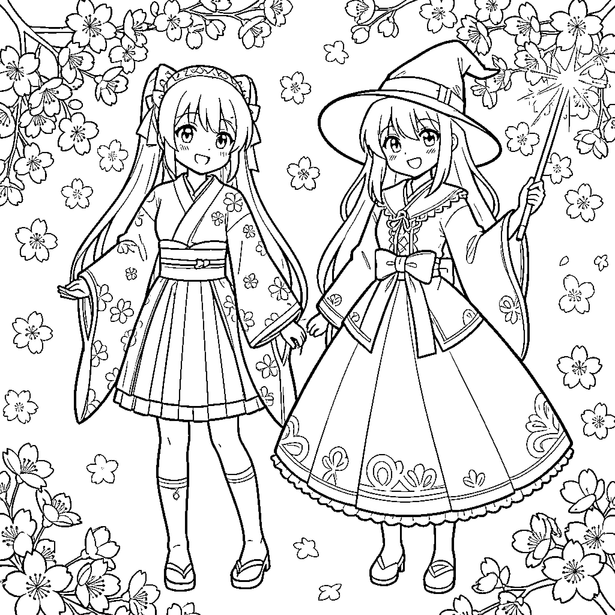 Reimu Hakurei and Marisa Kirisame in traditional Japanese outfits Coloring Page (free black-and-white line drawing printable PDF for all, from beginners to advanced learners, including children, teens, adults, and seniors)