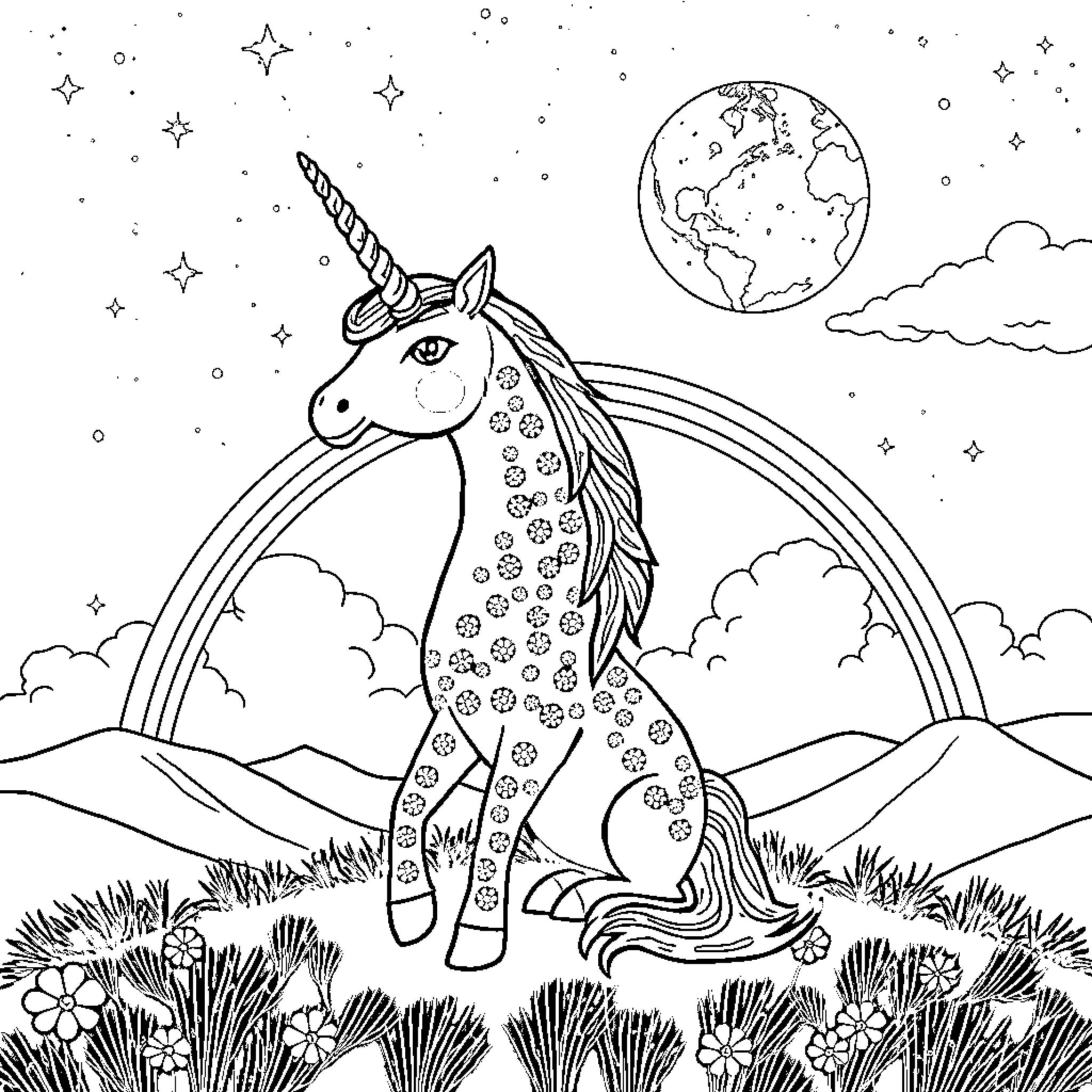 Unicorn gazing at the magical night sky Coloring Page (free black-and-white line drawing printable PDF for all, from beginners to advanced learners, including children, teens, adults, and seniors)