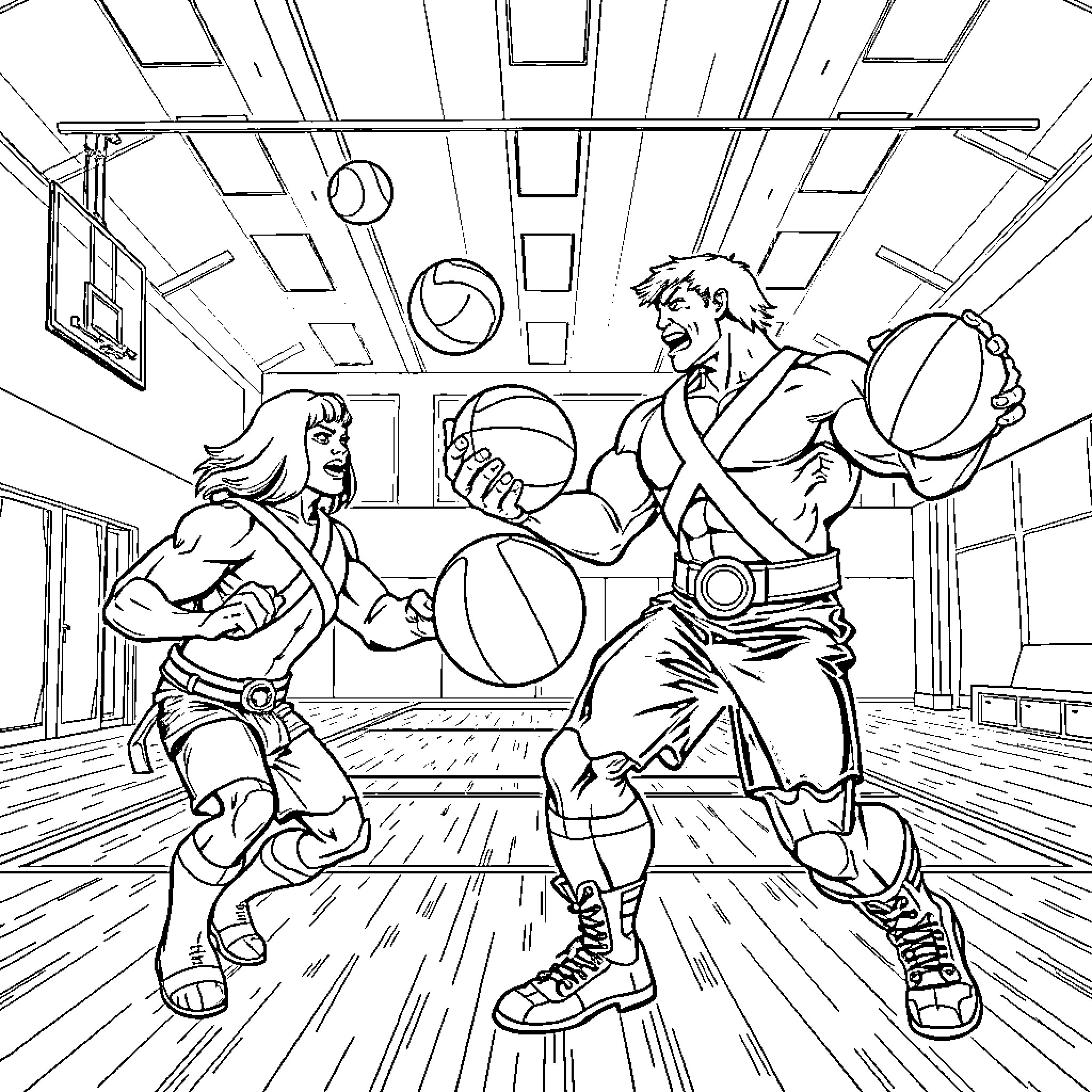 He-Man and Skeletor battling fiercely in a gymnasium Coloring Page (free black-and-white line drawing printable PDF for all, from beginners to advanced learners, including children, teens, adults, and seniors)