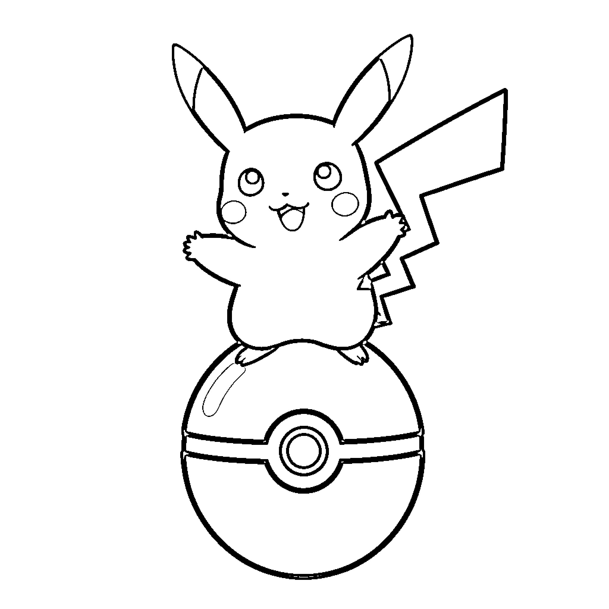 Pikachu standing joyfully on top of a Poké Ball Coloring Page (free black-and-white line drawing printable PDF for all, from beginners to advanced learners, including children, teens, adults, and seniors)