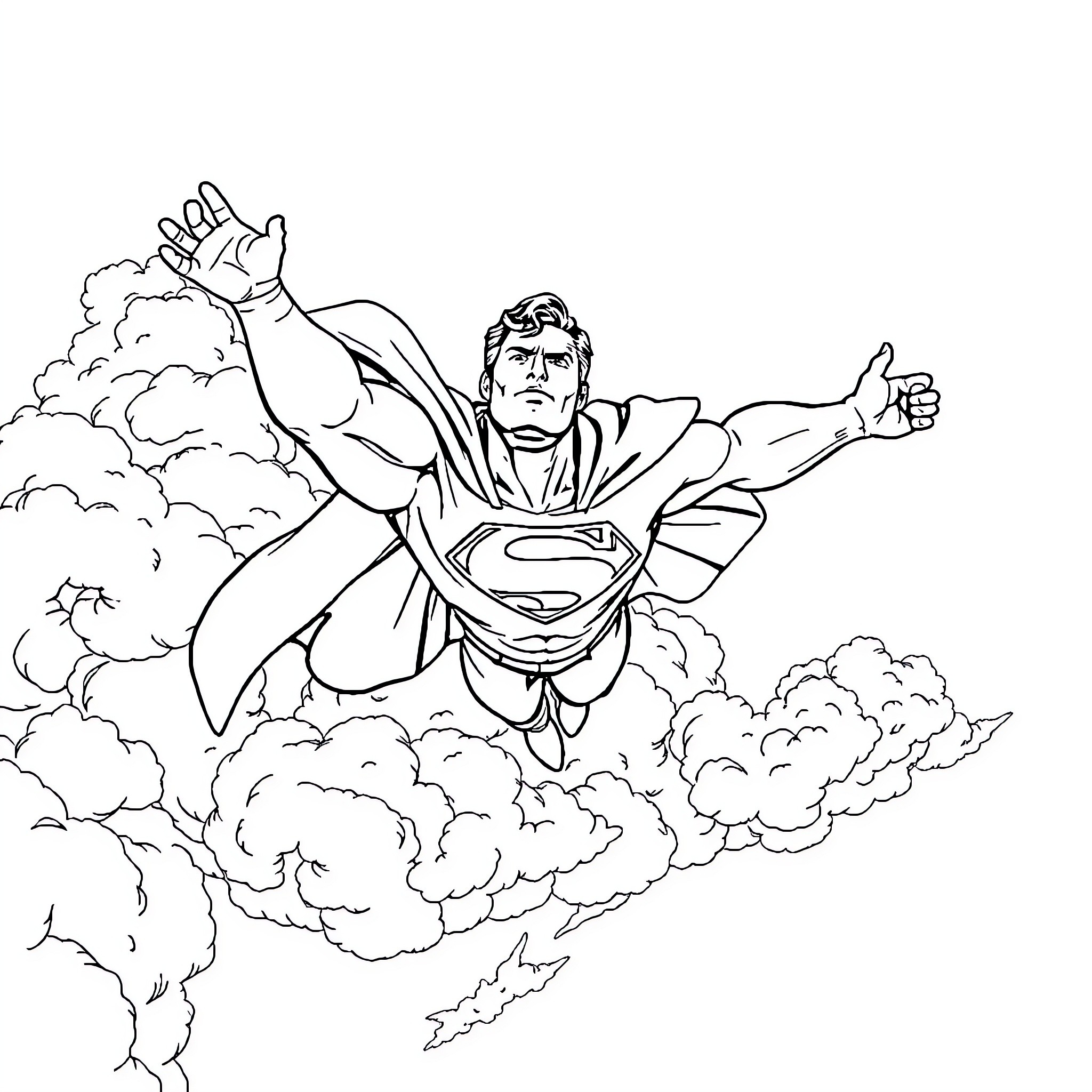 Superman in mid-flight above the clouds Coloring Page (free black-and-white line drawing printable PDF for all, from beginners to advanced learners, including children, teens, adults, and seniors)