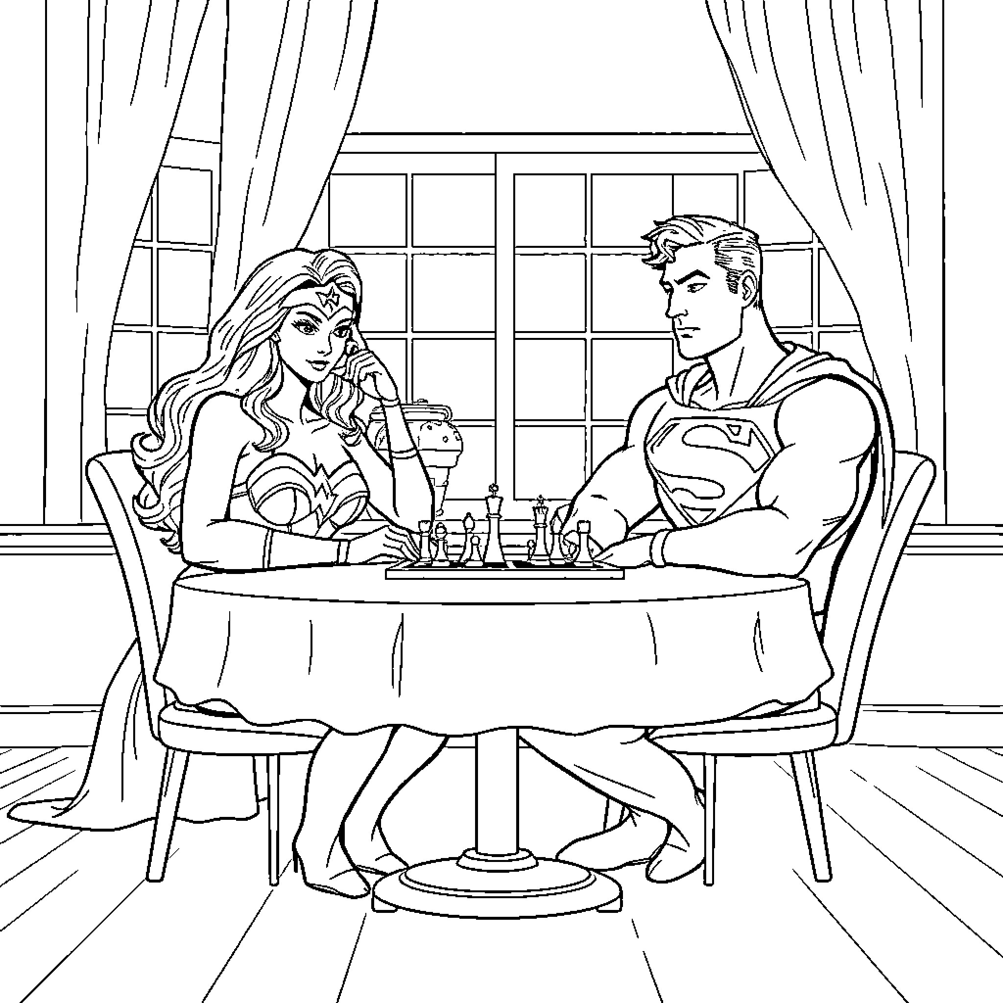 Wonder Woman and Superman Sharing a Meal Coloring Page (free black-and-white line drawing printable PDF for all, from beginners to advanced learners, including children, teens, adults, and seniors)