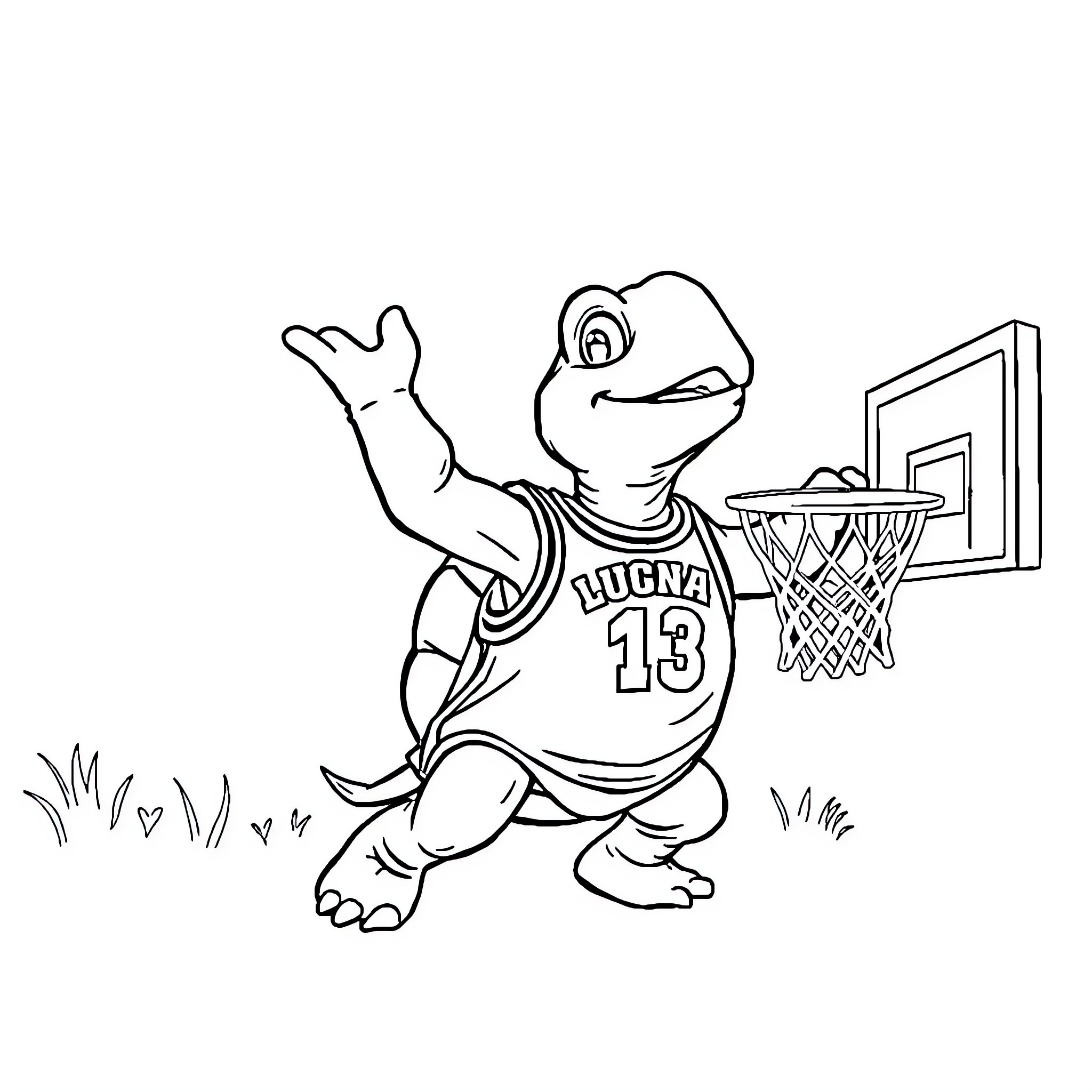 Turtle playing basketball on court Coloring Page (free black-and-white line drawing printable PDF for all, from beginners to advanced learners, including children, teens, adults, and seniors)