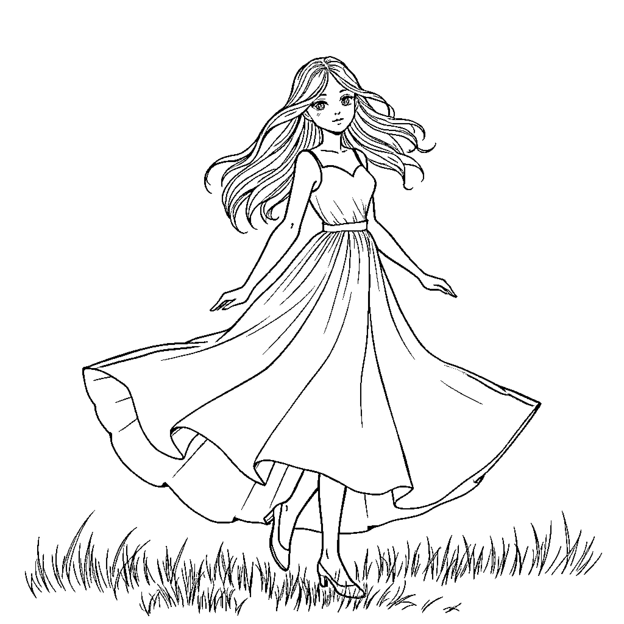 Girl dancing gracefully in a flowing dress Coloring Page (free black-and-white line drawing printable PDF for all, from beginners to advanced learners, including children, teens, adults, and seniors)