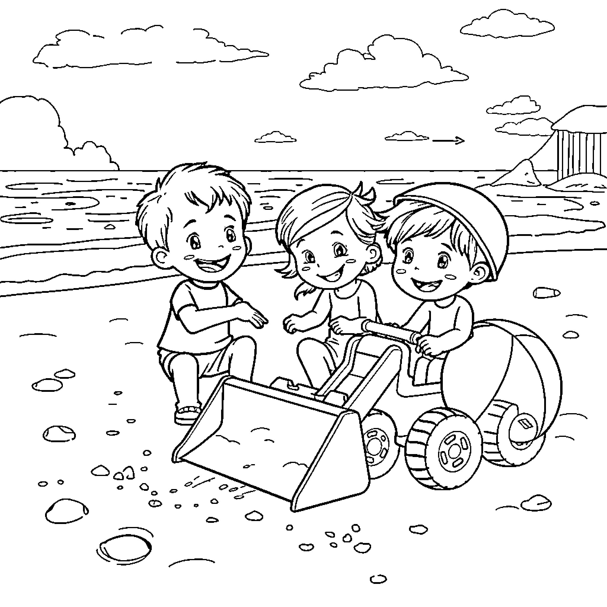 Tee Friends Enjoying Beach Adventure Coloring Page (free black-and-white line drawing printable PDF for all, from beginners to advanced learners, including children, teens, adults, and seniors)