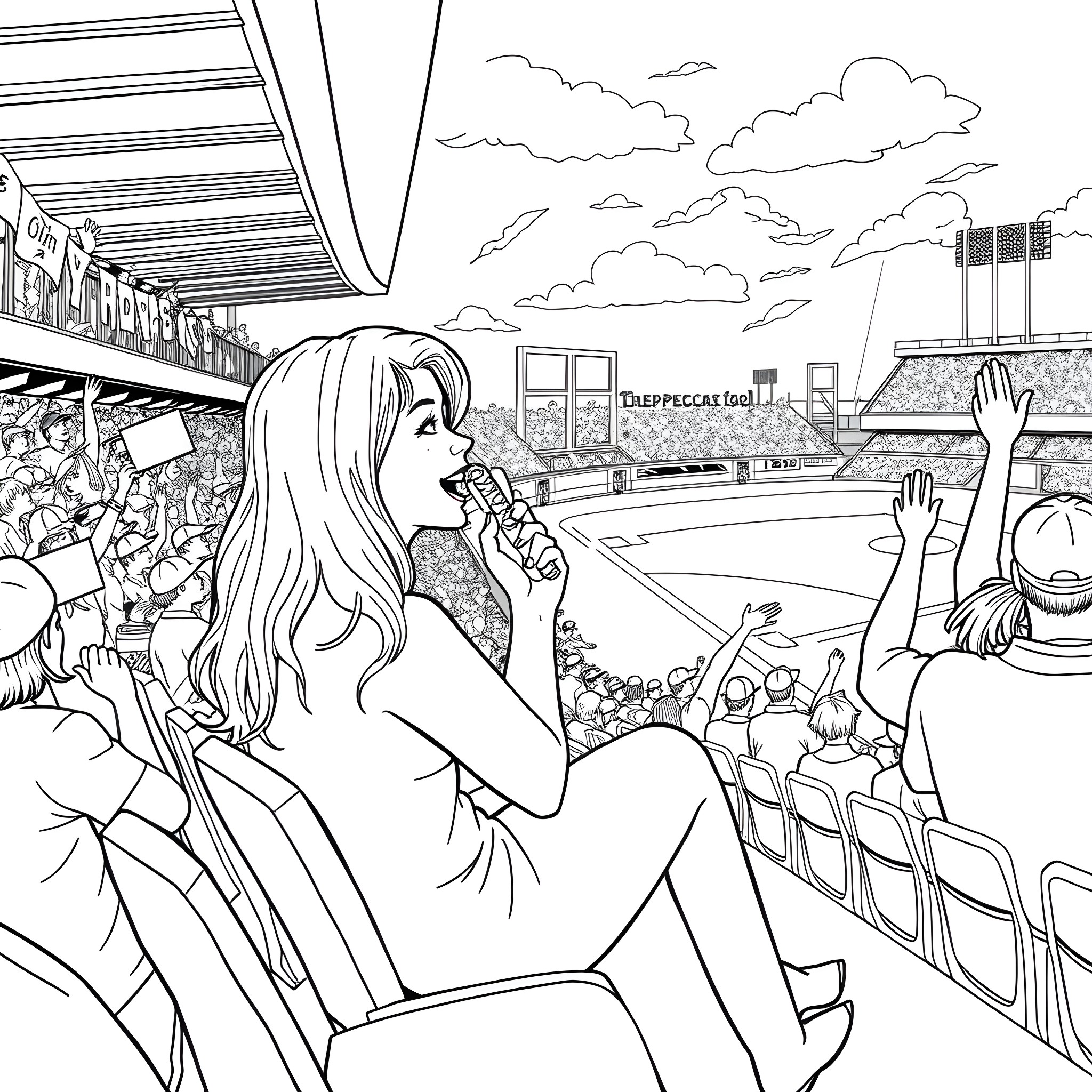 Phoebe Bridgers performing on a concert stage Coloring Page (free black-and-white line drawing printable PDF for all, from beginners to advanced learners, including children, teens, adults, and seniors)