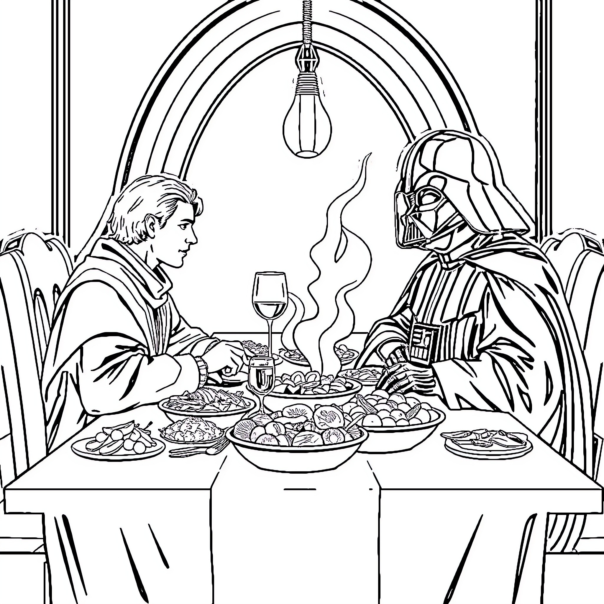 Mace Windu and Darth Vader Sharing a Meal Coloring Page (free black-and-white line drawing printable PDF for all, from beginners to advanced learners, including children, teens, adults, and seniors)