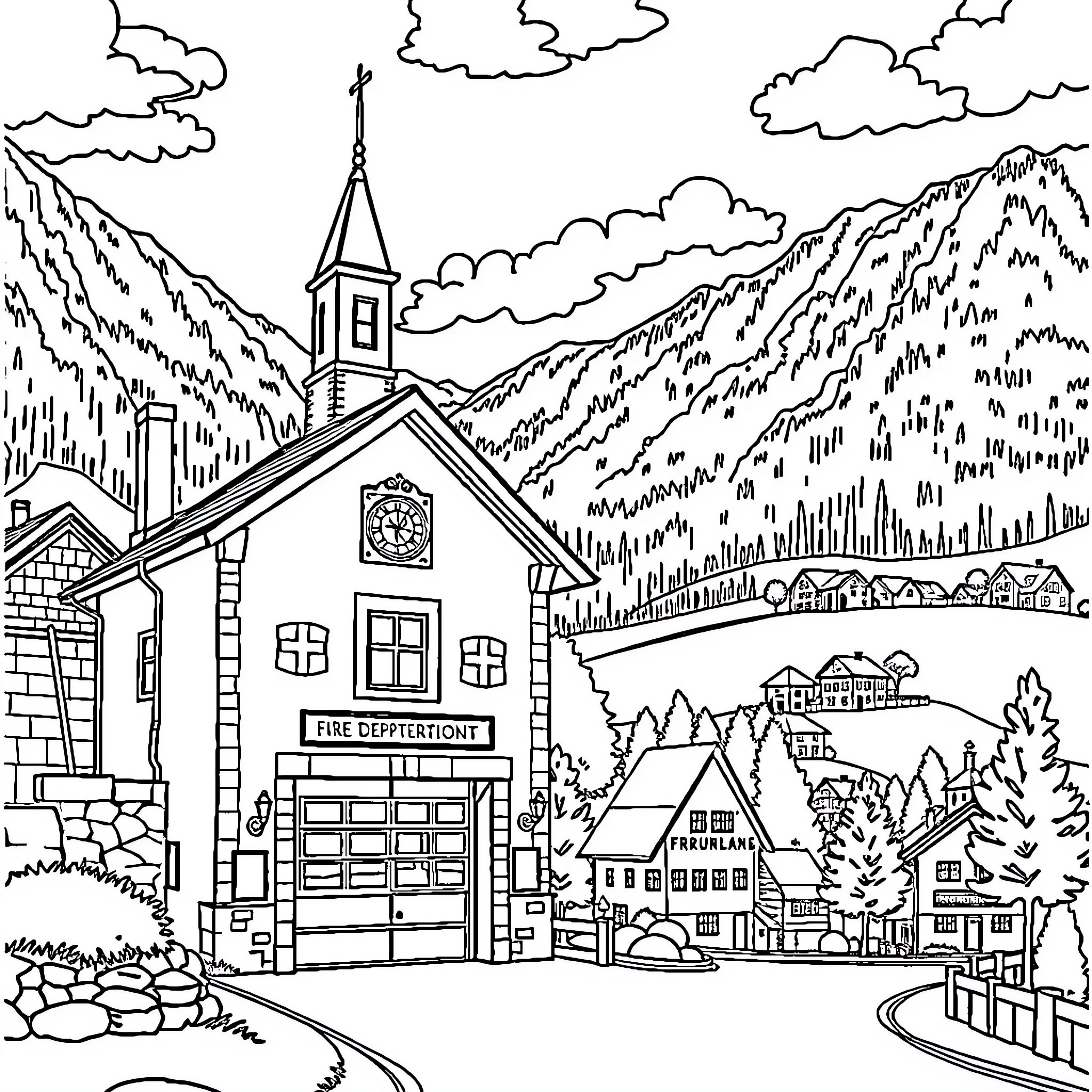 Fire Department Responding in Mountainous Town Coloring Page (free black-and-white line drawing printable PDF for all, from beginners to advanced learners, including children, teens, adults, and seniors)