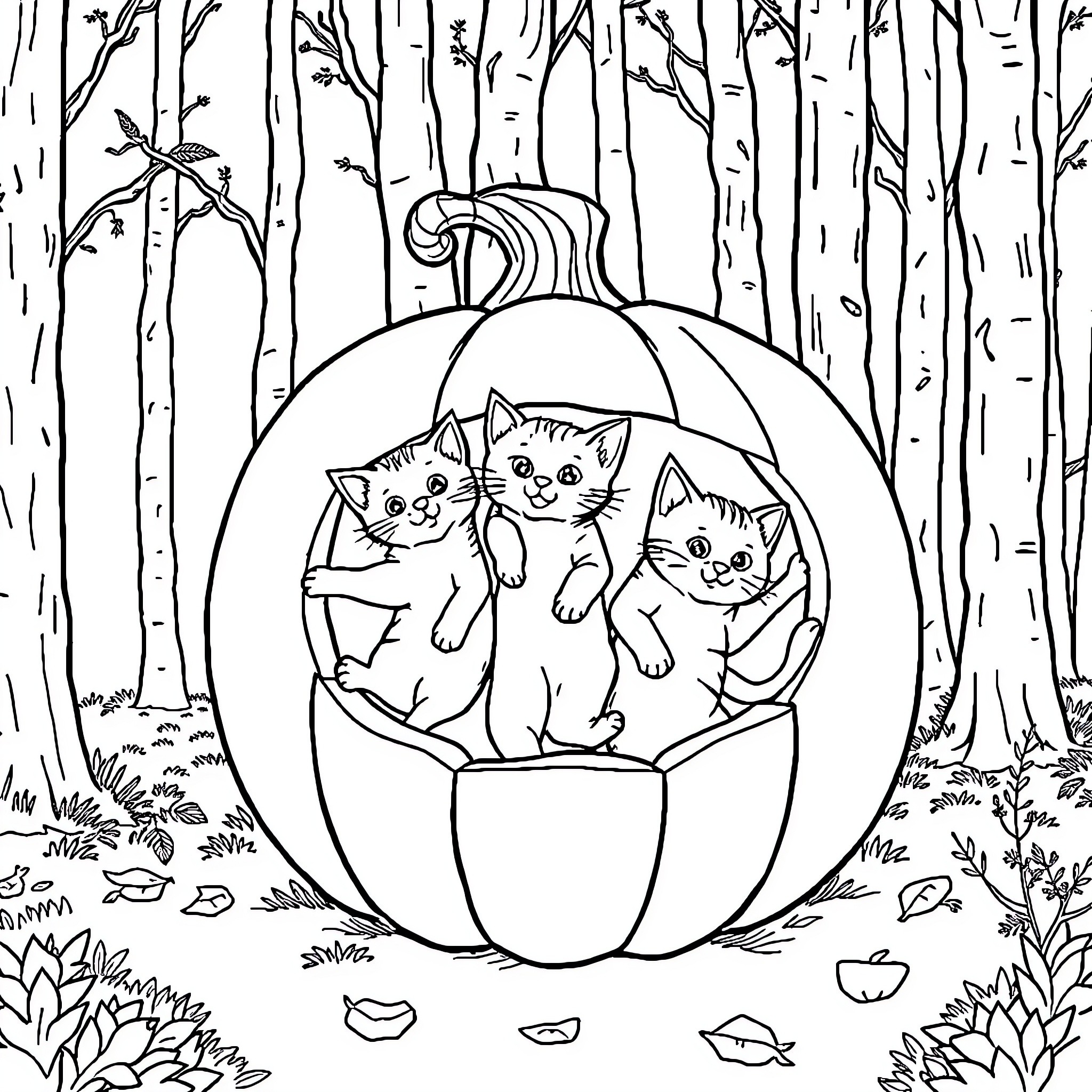 Cat Kittens Nestled in Pumpkin in Autumn Forest Coloring Page (free black-and-white line drawing printable PDF for all, from beginners to advanced learners, including children, teens, adults, and seniors)