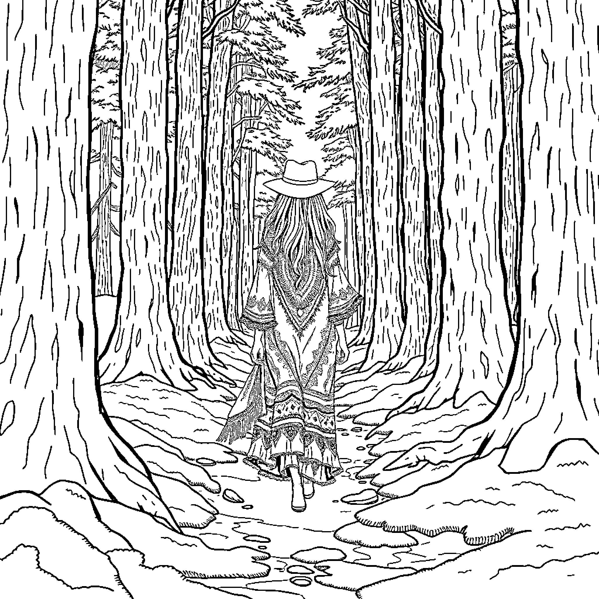 Crone walking alone through the enchanted forest Coloring Page (free black-and-white line drawing printable PDF for all, from beginners to advanced learners, including children, teens, adults, and seniors)