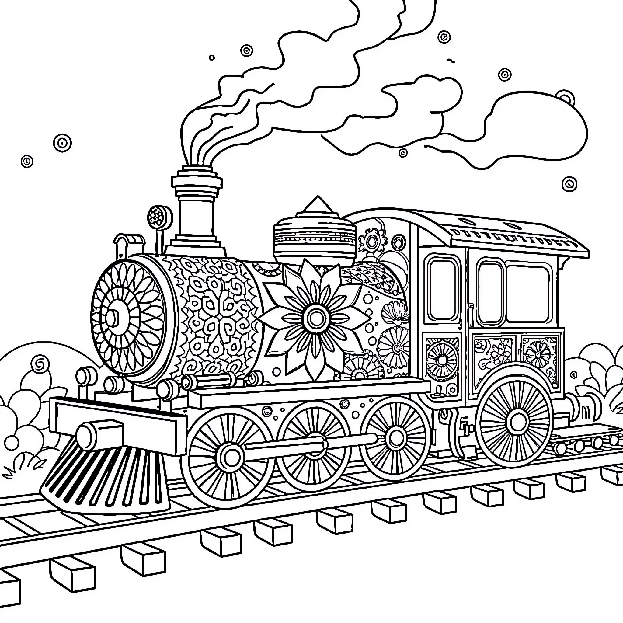 Train Adorned with Intricate Floral Designs Coloring Page (free black-and-white line drawing printable PDF for all, from beginners to advanced learners, including children, teens, adults, and seniors)