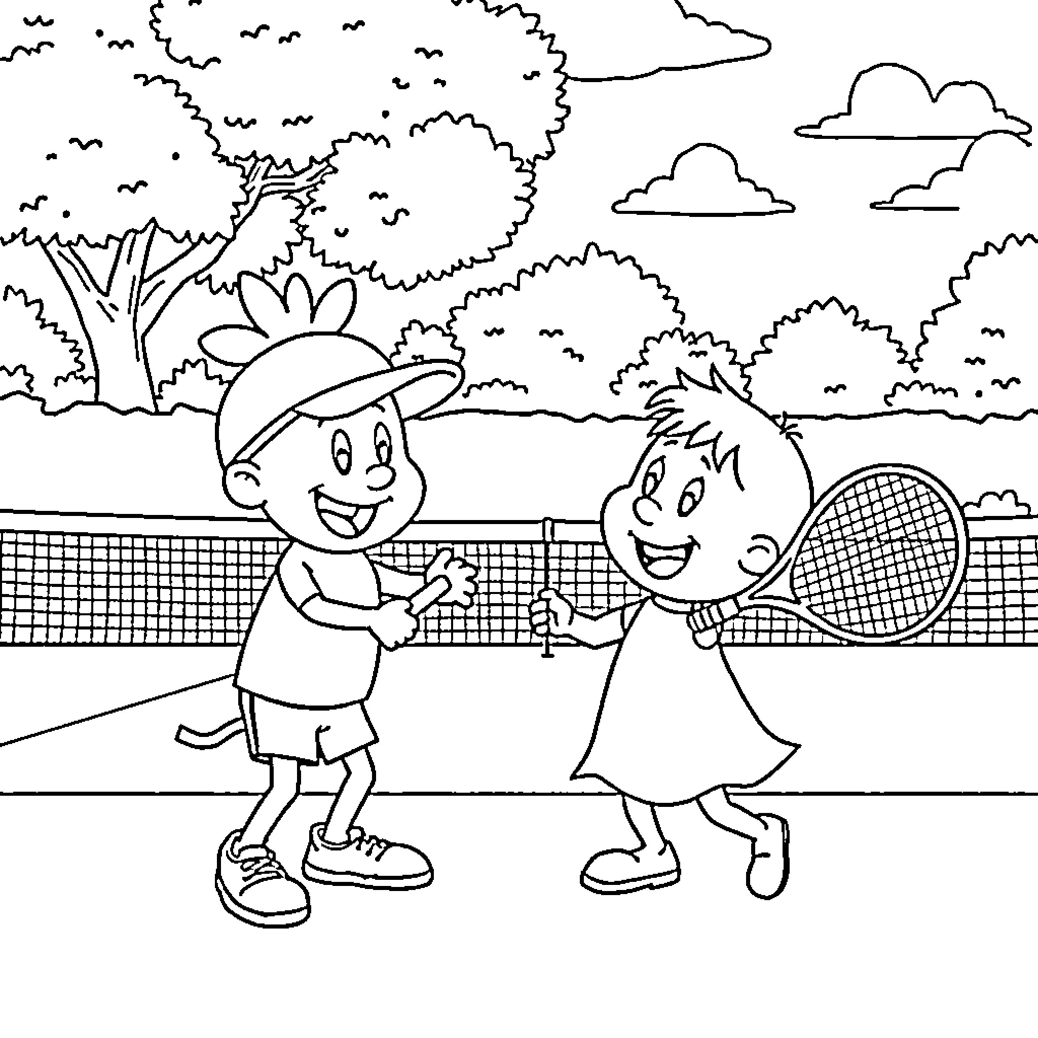 Brainrot Kids Playing Tennis on Sunny Day Coloring Page (free black-and-white line drawing printable PDF for all, from beginners to advanced learners, including children, teens, adults, and seniors)