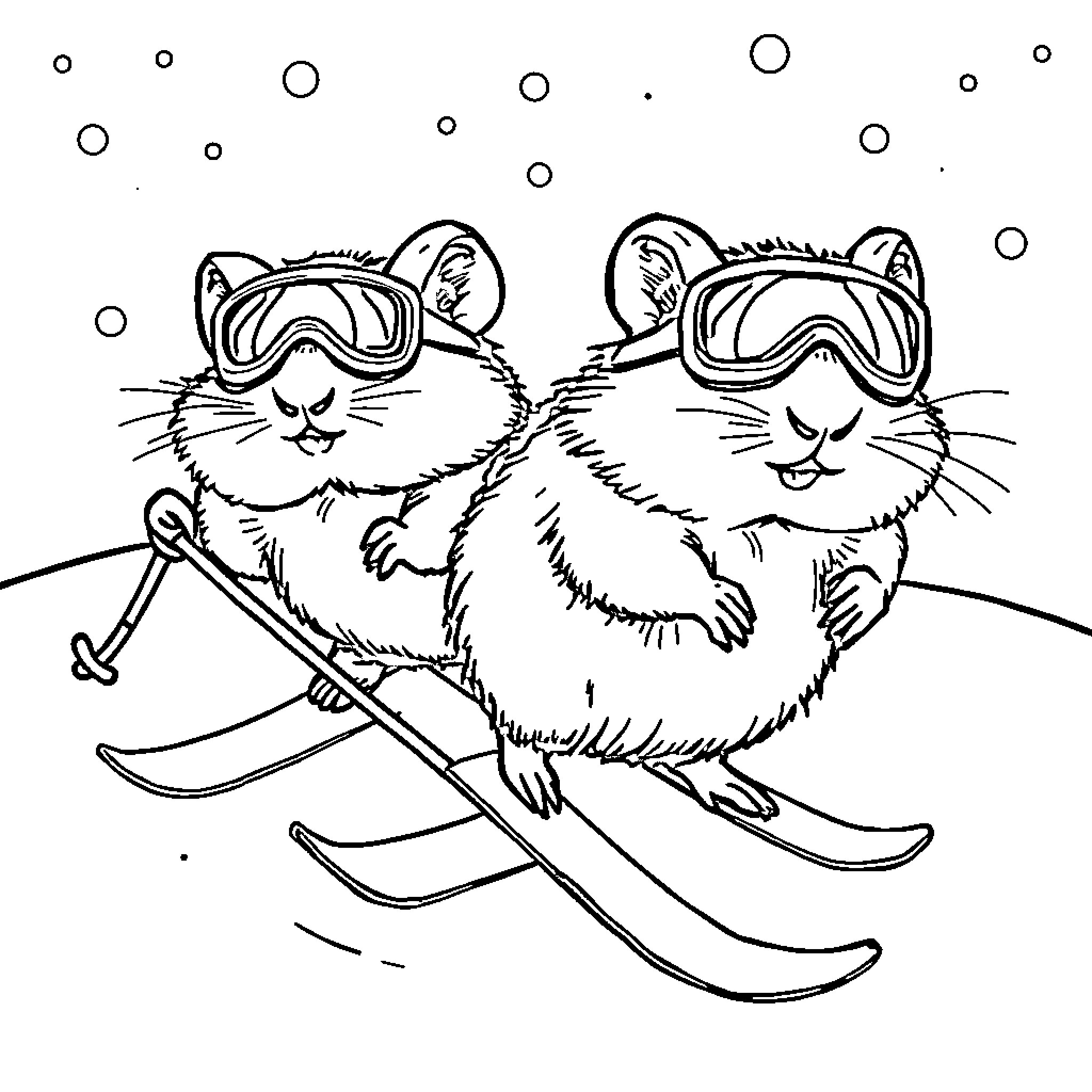 Hamsters skiing down the slope in winter Coloring Page (free black-and-white line drawing printable PDF for all, from beginners to advanced learners, including children, teens, adults, and seniors)