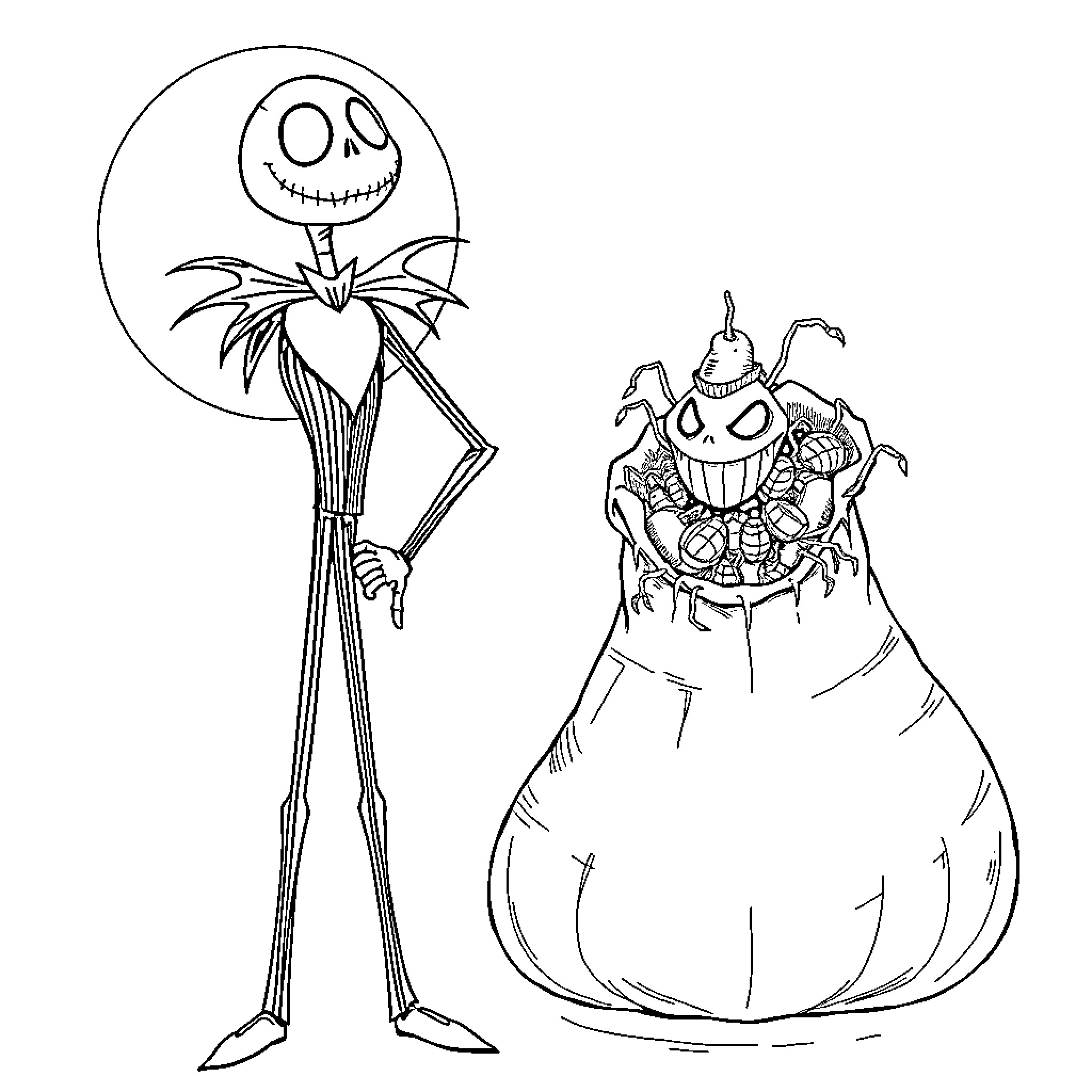 Jack Skellington in a spooky Halloween scene Coloring Page (free black-and-white line drawing printable PDF for all, from beginners to advanced learners, including children, teens, adults, and seniors)