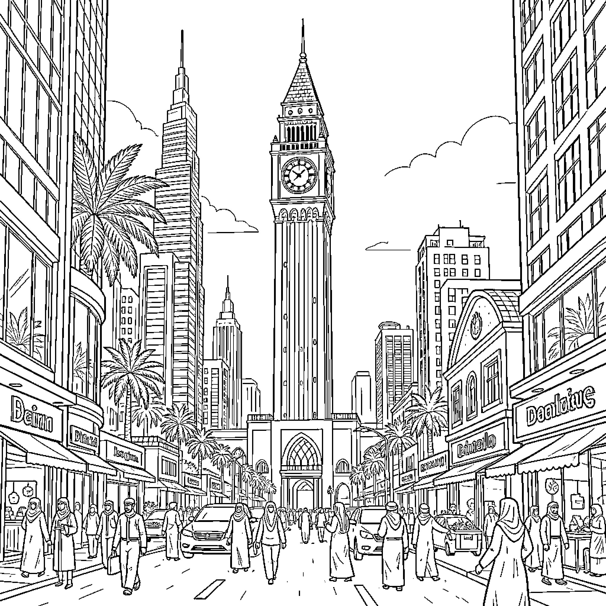 Clock Tower among skyscrapers in a bustling city Coloring Page (free black-and-white line drawing printable PDF for all, from beginners to advanced learners, including children, teens, adults, and seniors)