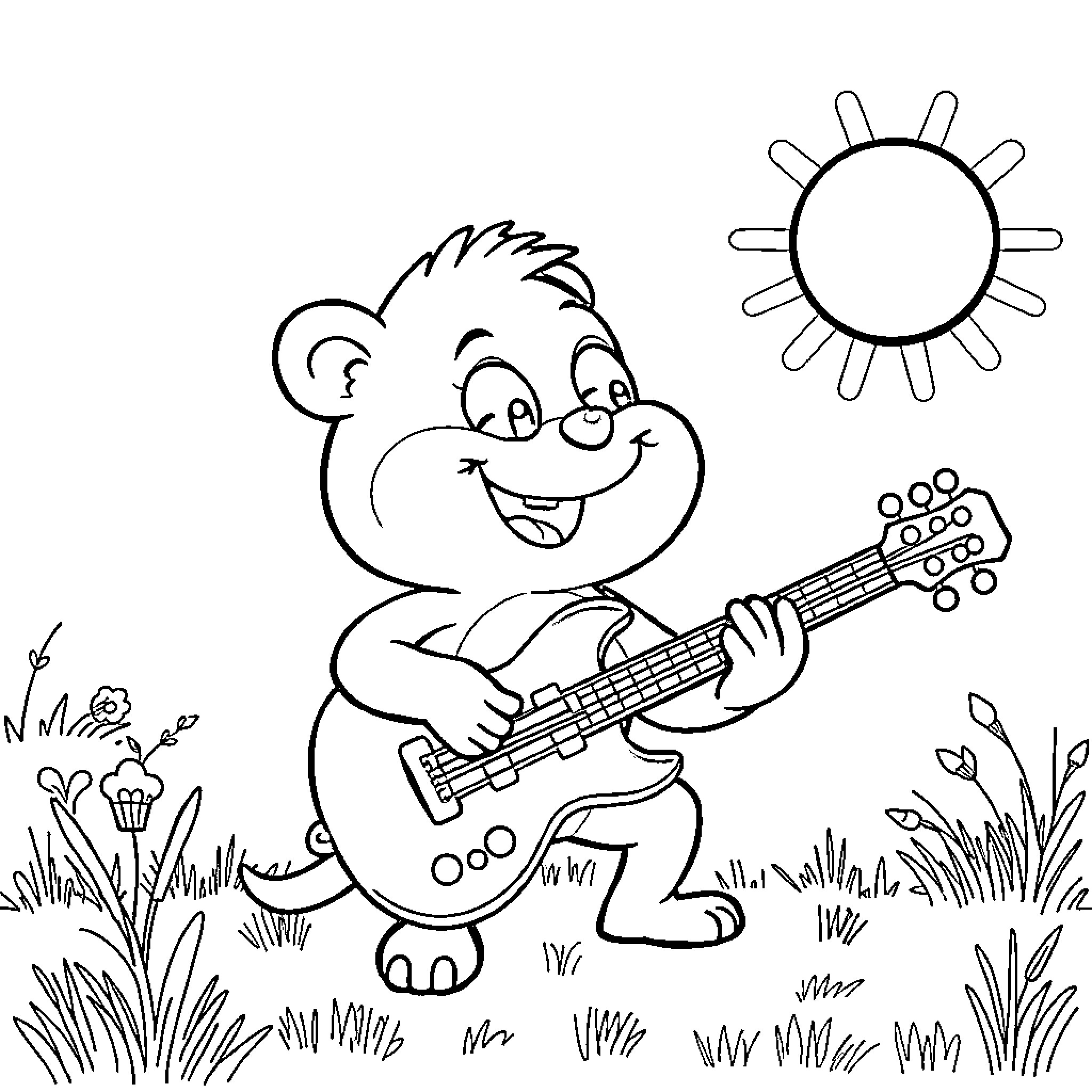 Bluey playing guitar in the sun Coloring Page (free black-and-white line drawing printable PDF for all, from beginners to advanced learners, including children, teens, adults, and seniors)