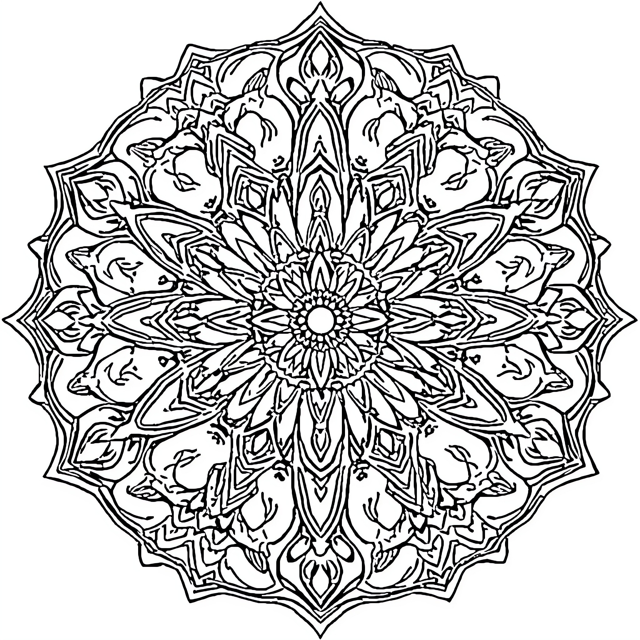 Mandala with intricate floral pattern and symmetry Coloring Page (free black-and-white line drawing printable PDF for all, from beginners to advanced learners, including children, teens, adults, and seniors)