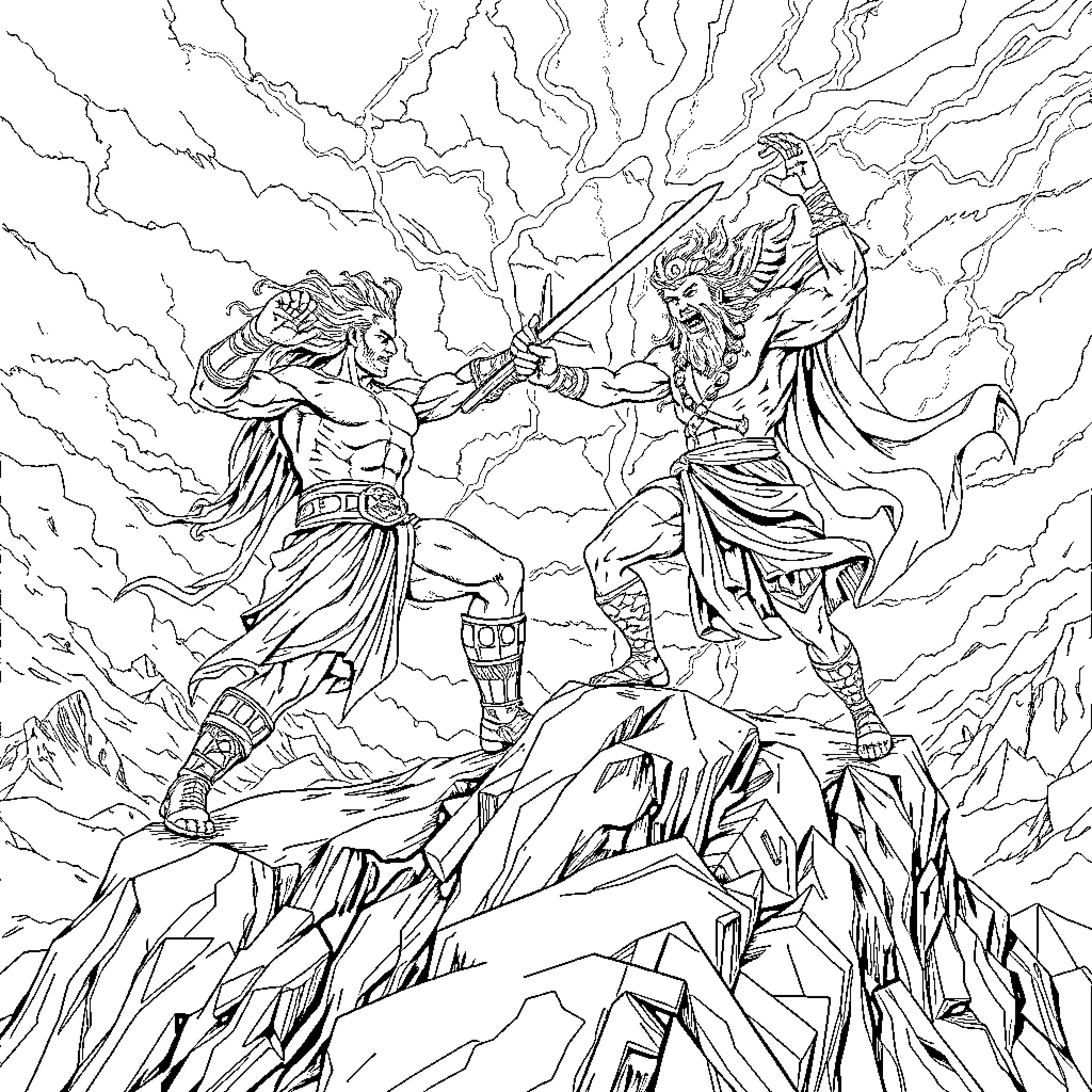 Kratos in an Epic Battle with Mythological Figures Coloring Page (free black-and-white line drawing printable PDF for all, from beginners to advanced learners, including children, teens, adults, and seniors)