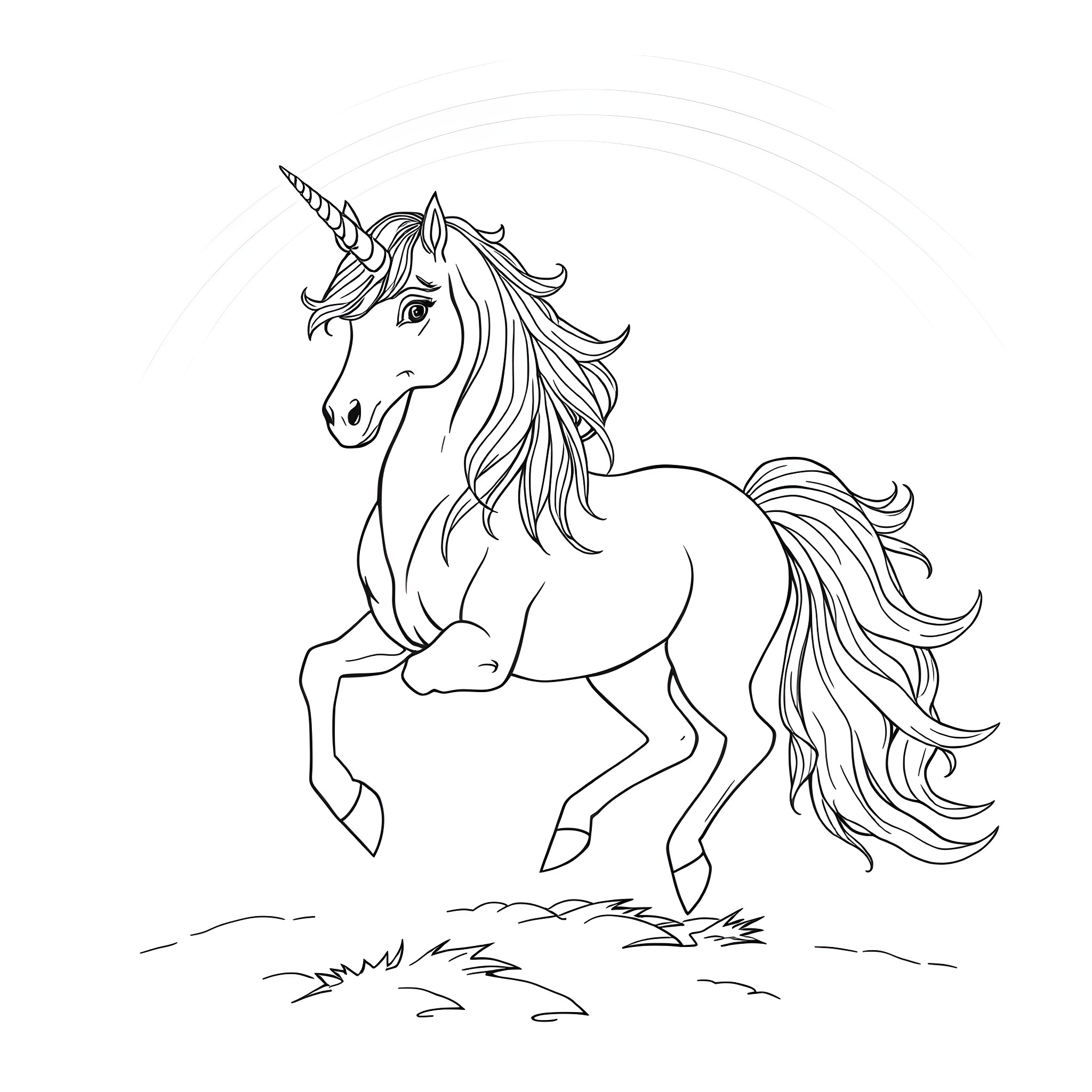 Unicorn prancing gracefully in the meadow Coloring Page (free black-and-white line drawing printable PDF for all, from beginners to advanced learners, including children, teens, adults, and seniors)
