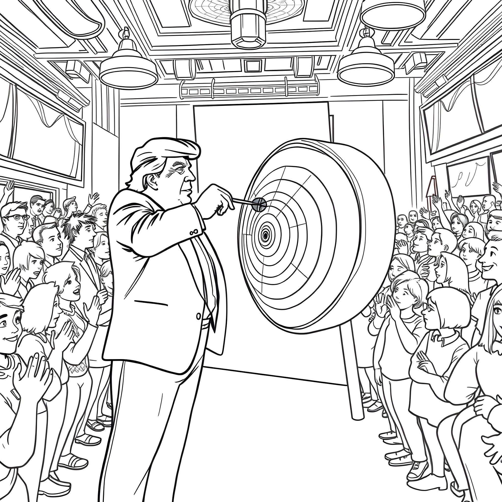 Donald Trump throwing darts at a target in a crowded hall Coloring Page (free black-and-white line drawing printable PDF for all, from beginners to advanced learners, including children, teens, adults, and seniors)
