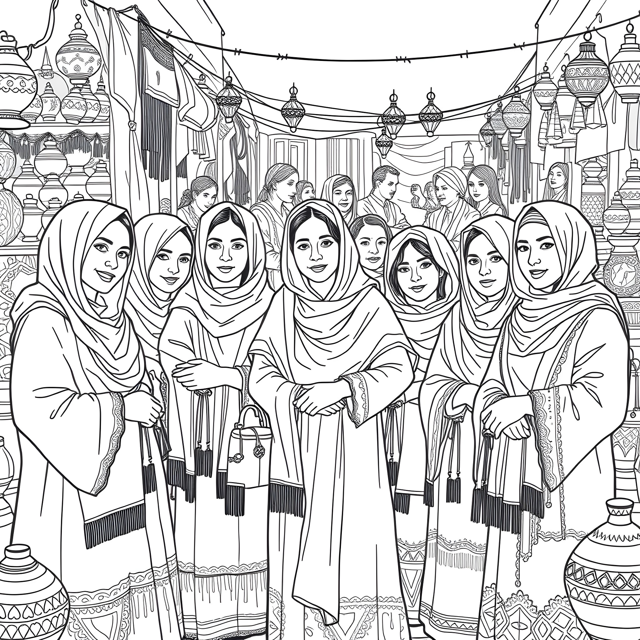 Afghan Women Gathering in Traditional Clothing Coloring Page (free black-and-white line drawing printable PDF for all, from beginners to advanced learners, including children, teens, adults, and seniors)