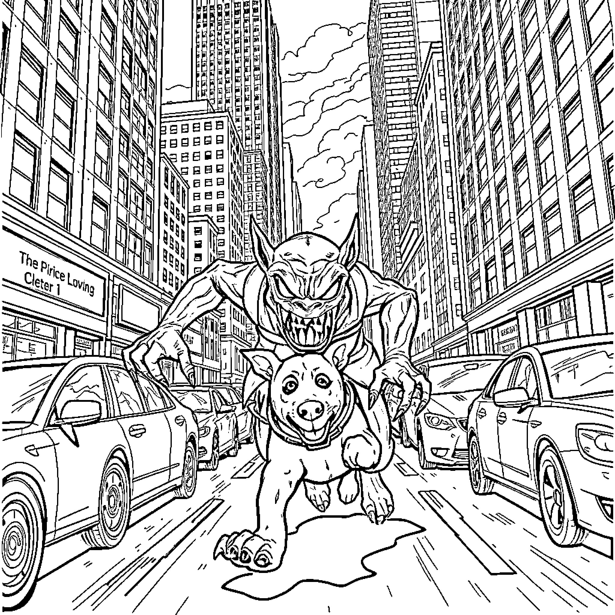 Creeper Creature Causing Chaos in the City Coloring Page (free black-and-white line drawing printable PDF for all, from beginners to advanced learners, including children, teens, adults, and seniors)