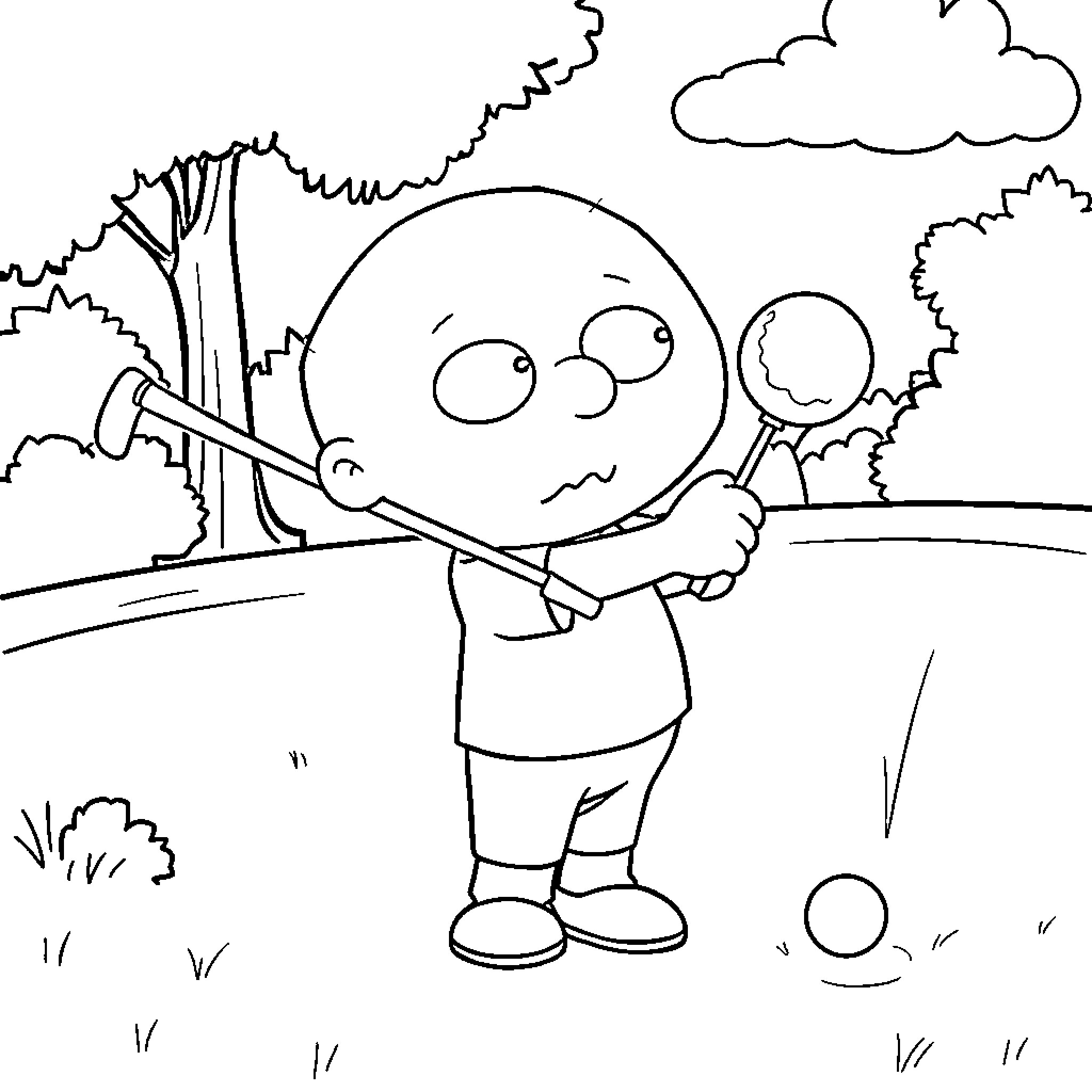 Stewie Griffin explores the outdoors with a stick Coloring Page (free black-and-white line drawing printable PDF for all, from beginners to advanced learners, including children, teens, adults, and seniors)