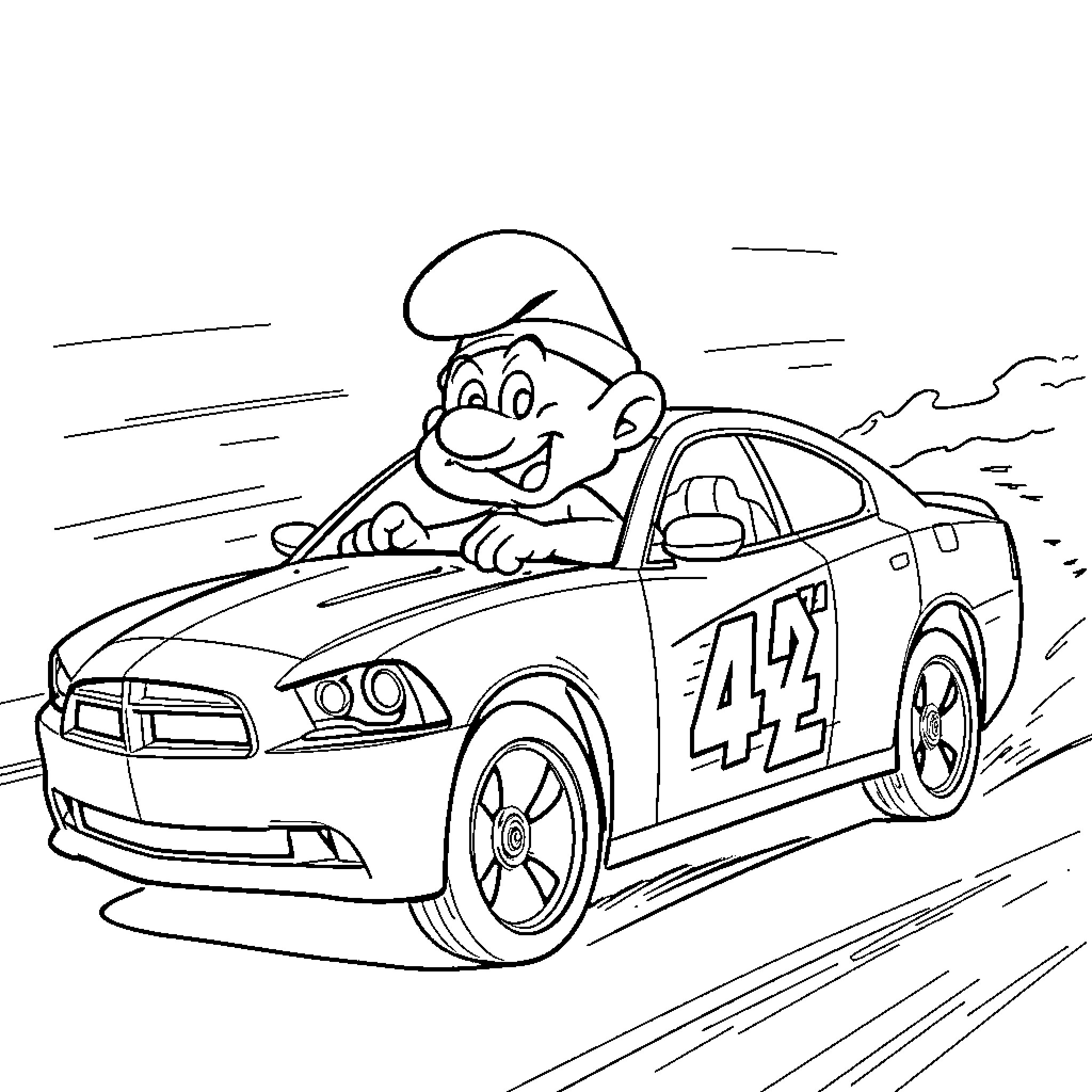 Papa Smurf Driving a Race Car Coloring Page (free black-and-white line drawing printable PDF for all, from beginners to advanced learners, including children, teens, adults, and seniors)
