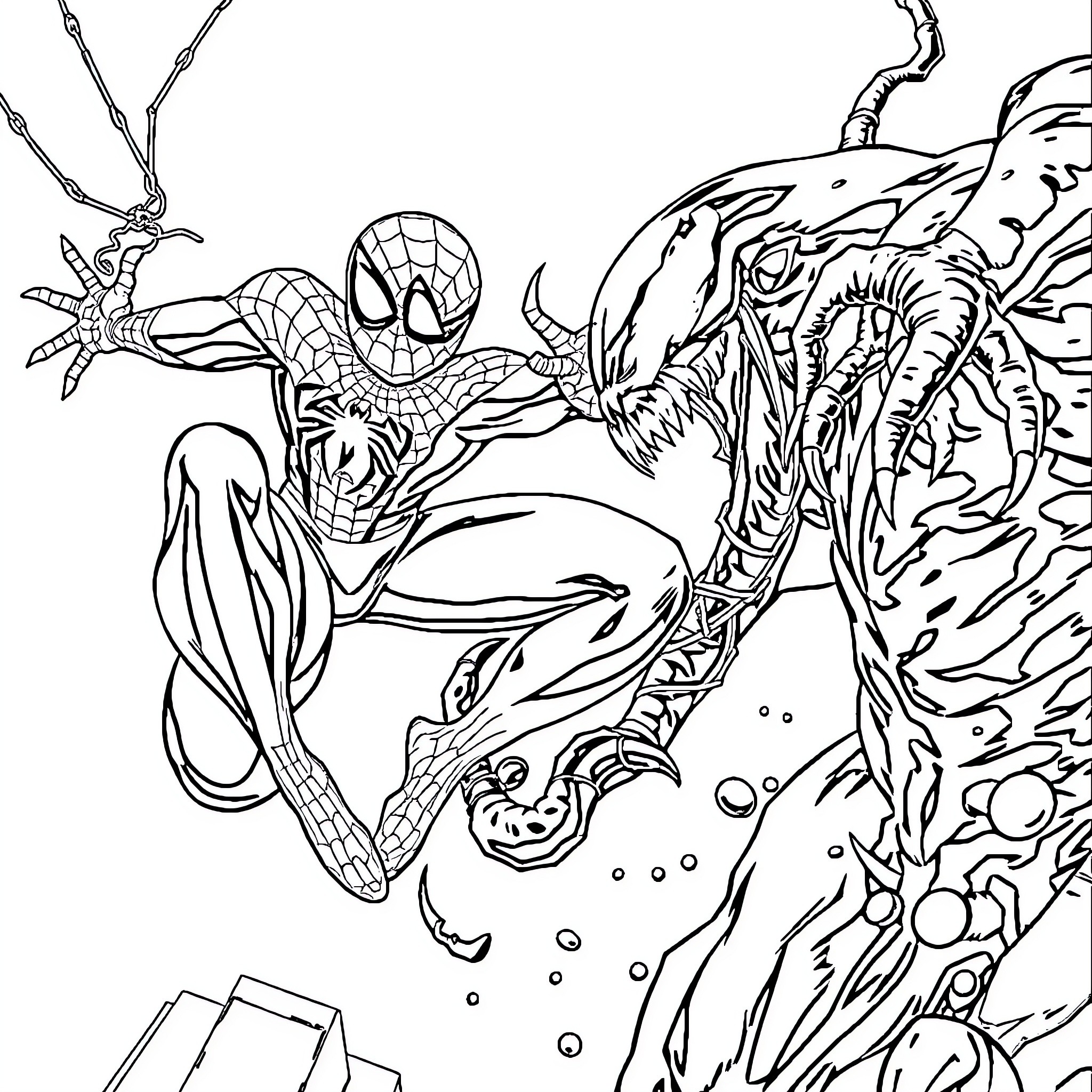 Spider-Man battling a monstrous creature Coloring Page (free black-and-white line drawing printable PDF for all, from beginners to advanced learners, including children, teens, adults, and seniors)