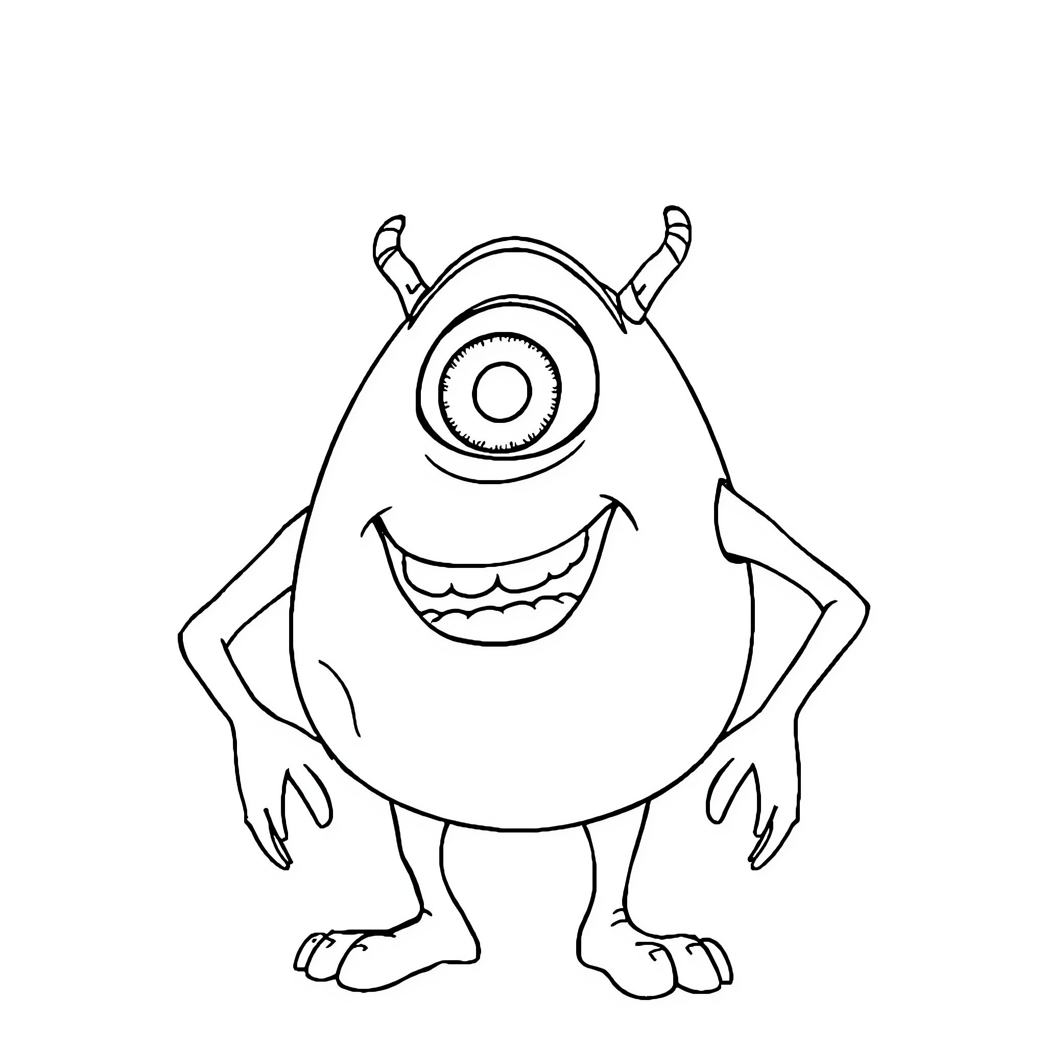 Mike Wazowski smiling with big single eye Coloring Page (free black-and-white line drawing printable PDF for all, from beginners to advanced learners, including children, teens, adults, and seniors)