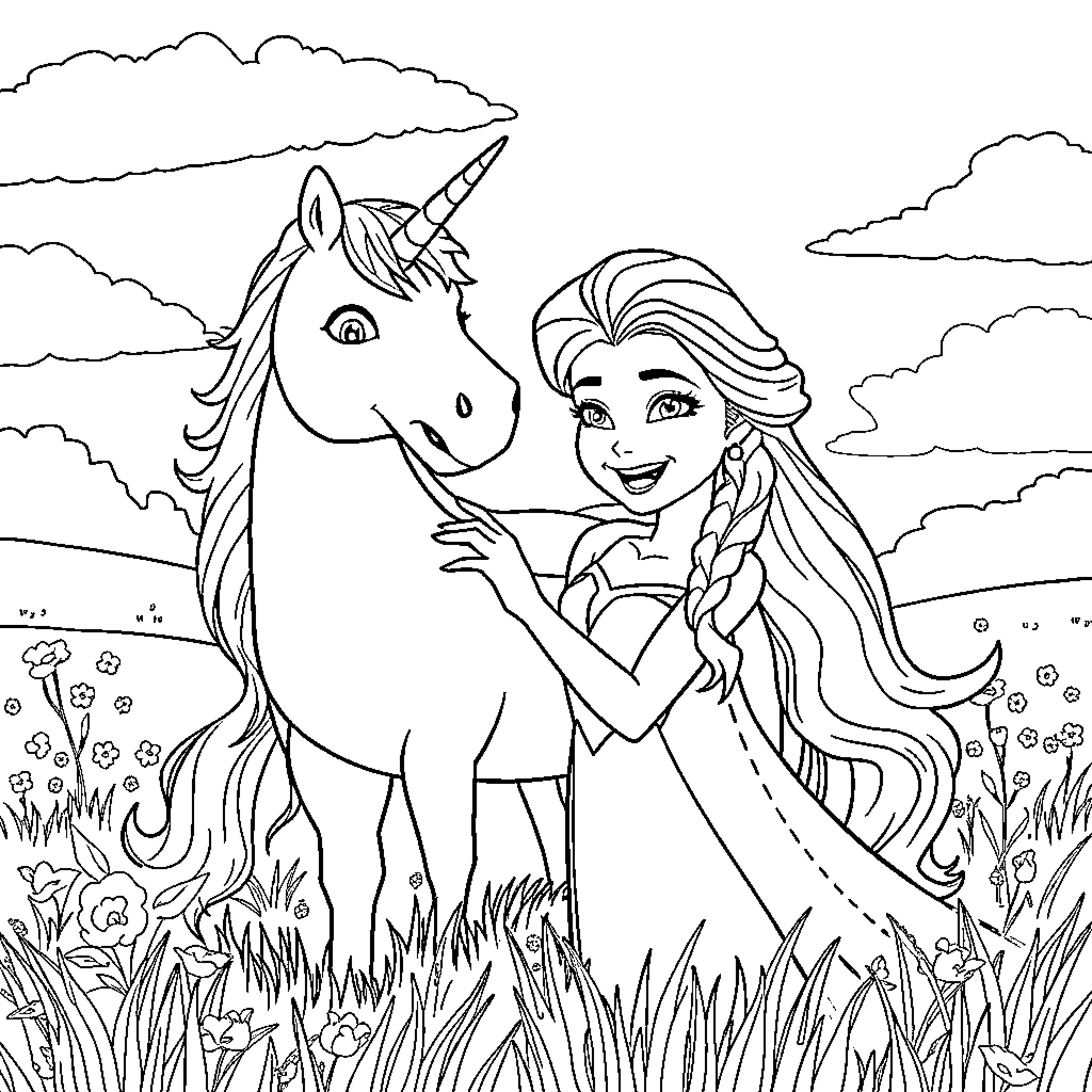 Elsa's Enchanting Encounter with a Magical Unicorn Coloring Page (free black-and-white line drawing printable PDF for all, from beginners to advanced learners, including children, teens, adults, and seniors)