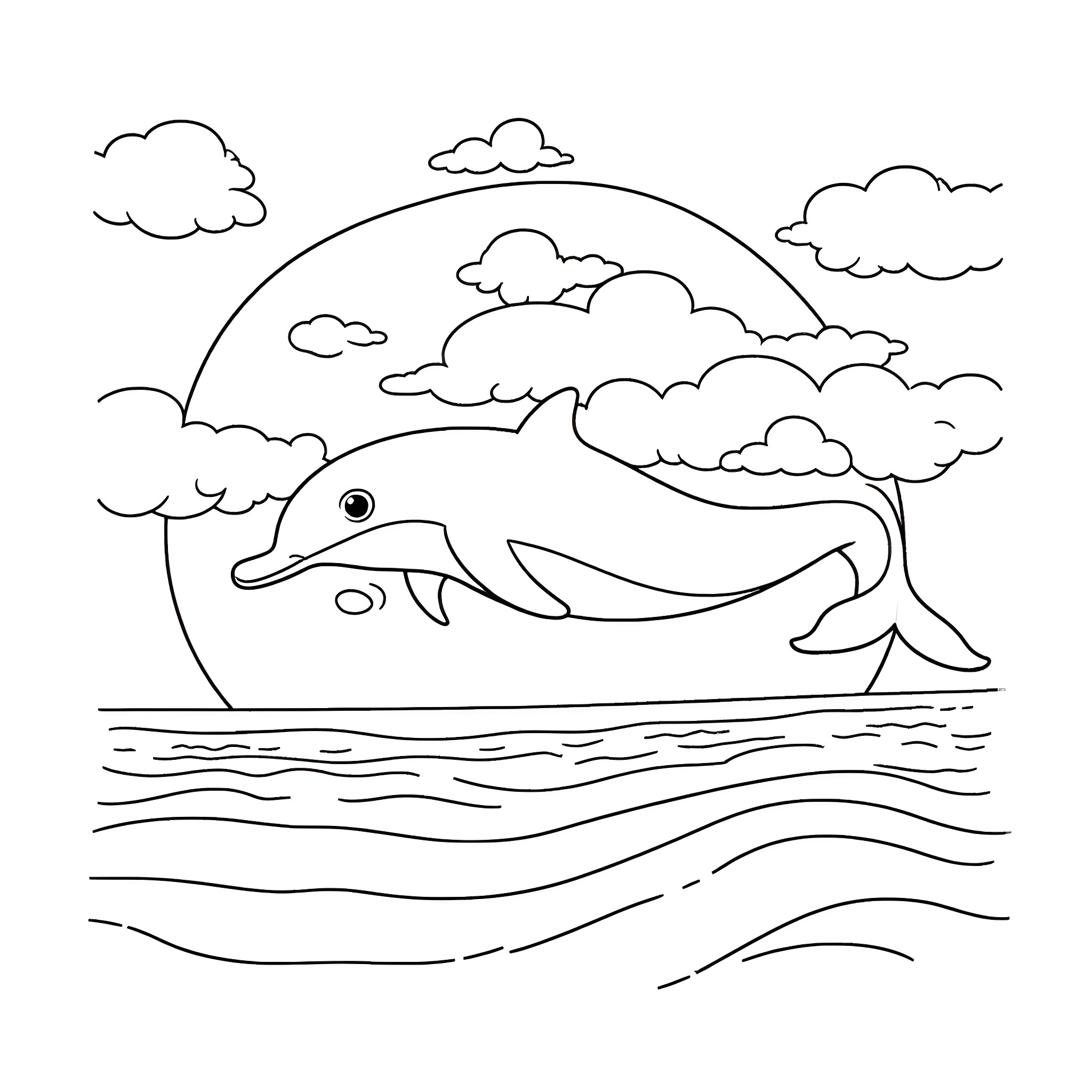 Dolphin jumping happily in the waves Coloring Page (free black-and-white line drawing printable PDF for all, from beginners to advanced learners, including children, teens, adults, and seniors)