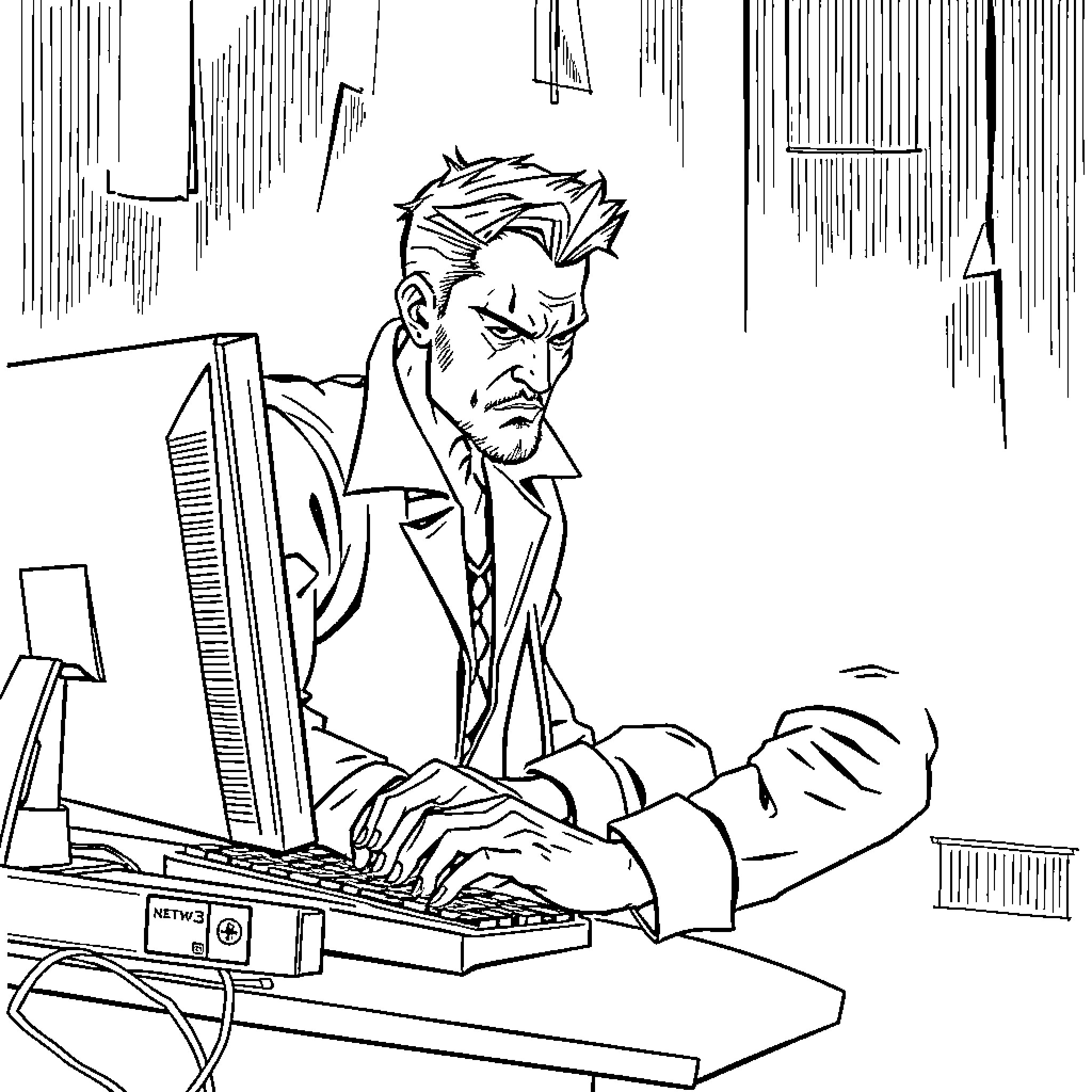 Jason diligently working at his computer desk Coloring Page (free black-and-white line drawing printable PDF for all, from beginners to advanced learners, including children, teens, adults, and seniors)